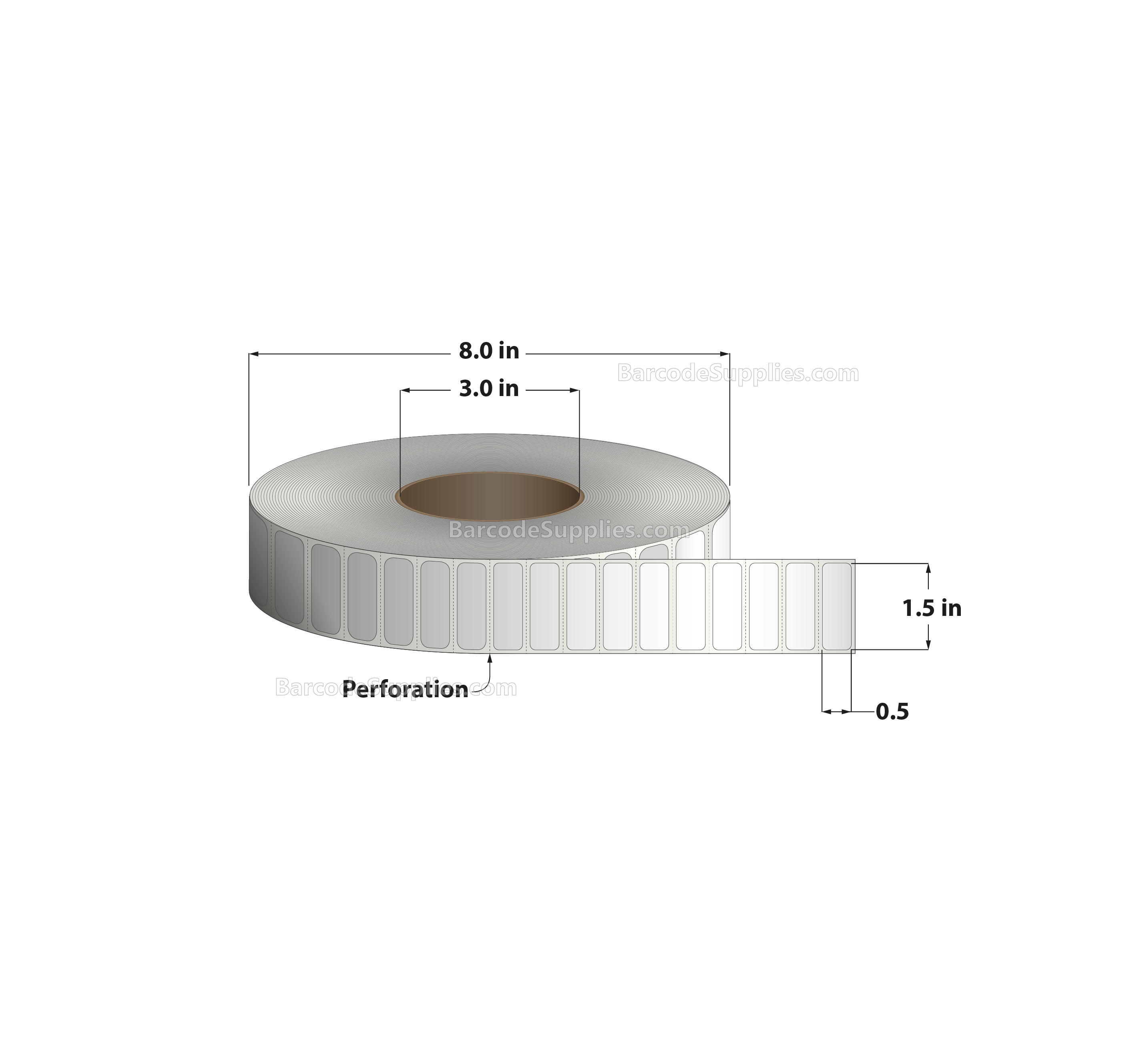 1.5 x 0.5 Thermal Transfer White Labels With Permanent Adhesive - Perforated - 9600 Labels Per Roll - Carton Of 8 Rolls - 76800 Labels Total - MPN: RT-15-05-9600-3