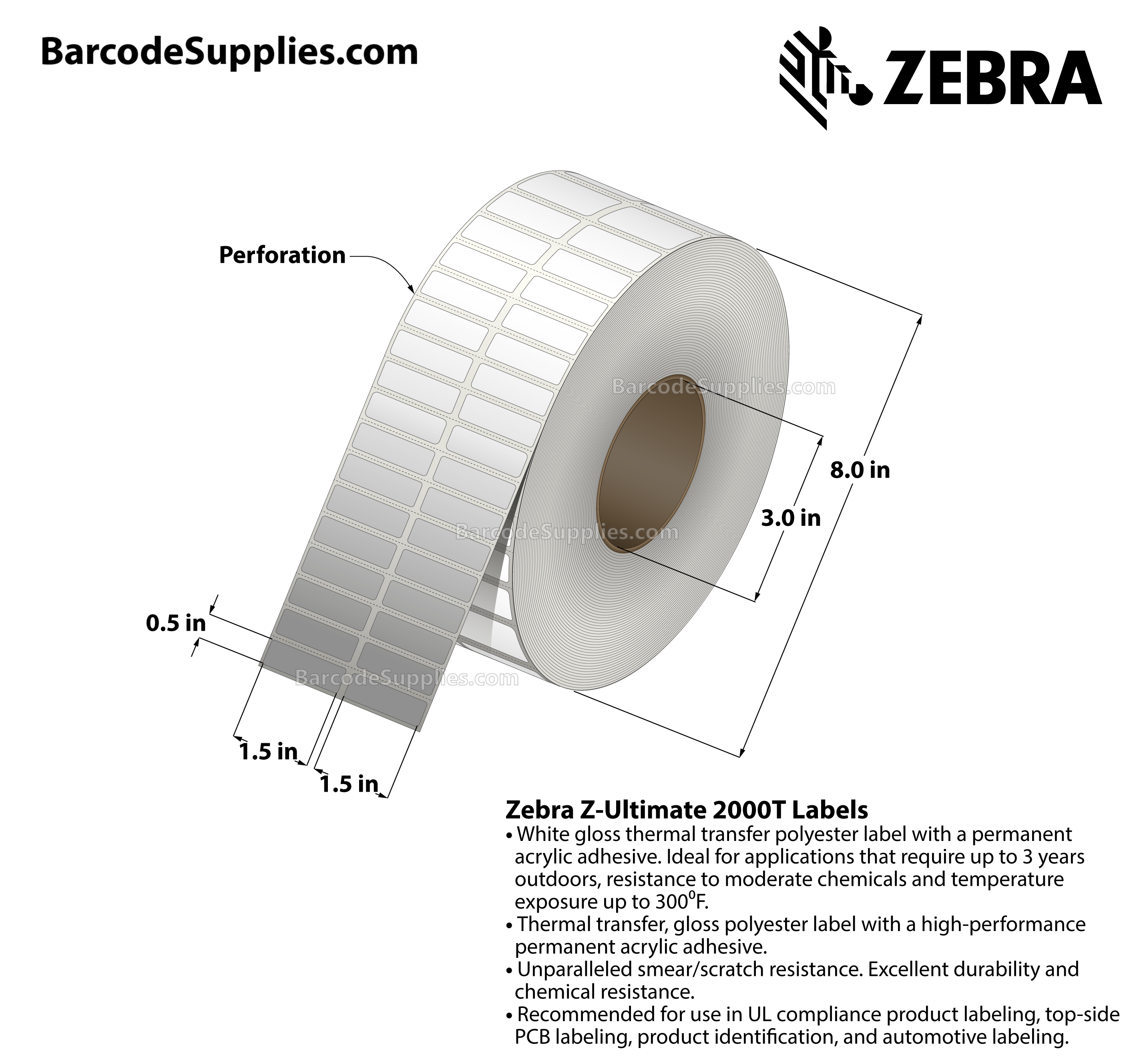 1.5 x 0.5 Thermal Transfer White Z-Ultimate 2000T (2-Across) Labels With Permanent Adhesive - Perforated - 10000 Labels Per Roll - Carton Of 1 Rolls - 10000 Labels Total - MPN: 10022957