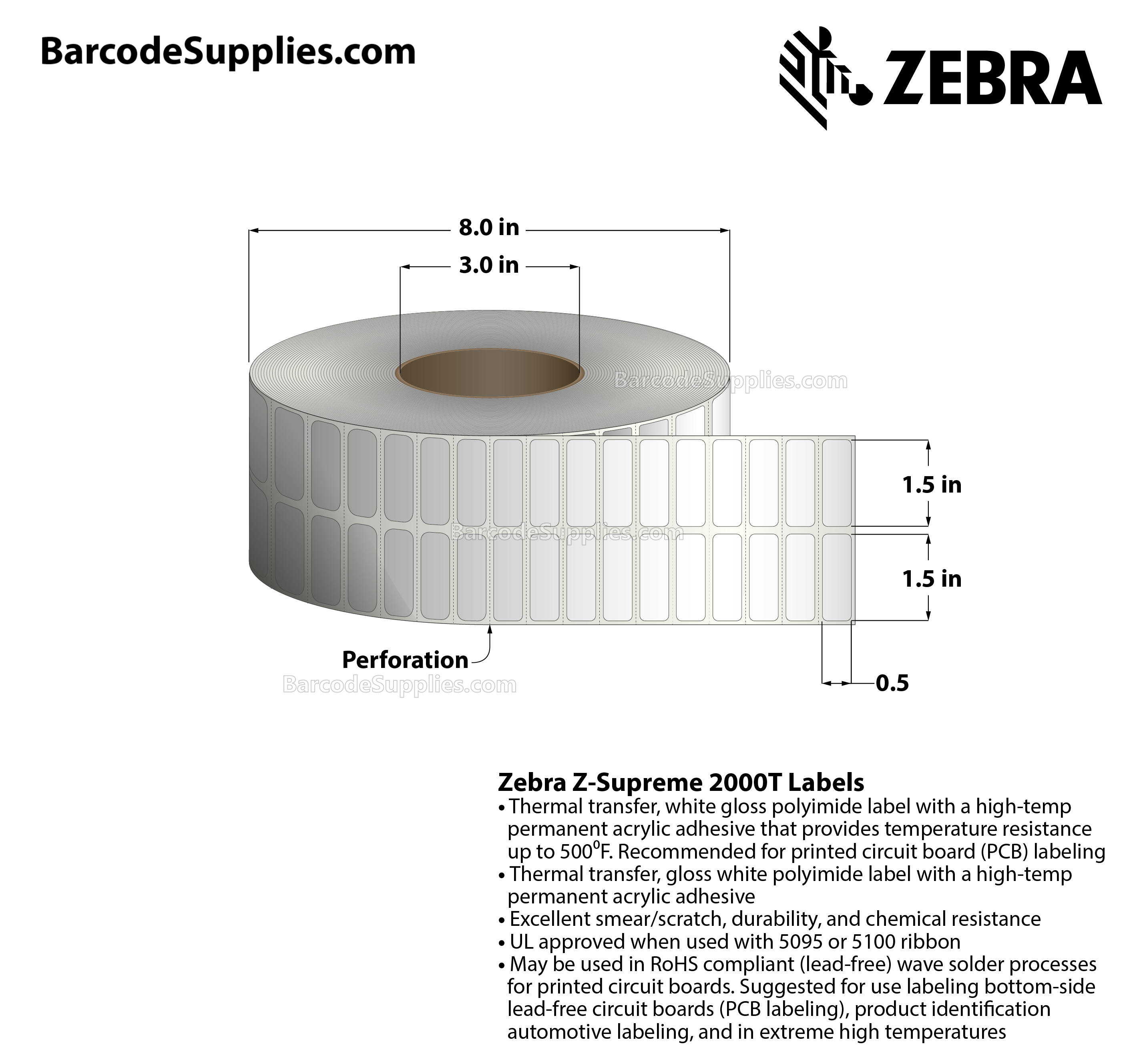 1.5 x 0.5 Thermal Transfer White Z-Supreme 2000T (2-Across) Labels With High-temp Adhesive - Perforated - 10000 Labels Per Roll - Carton Of 1 Rolls - 10000 Labels Total - MPN: 10023210