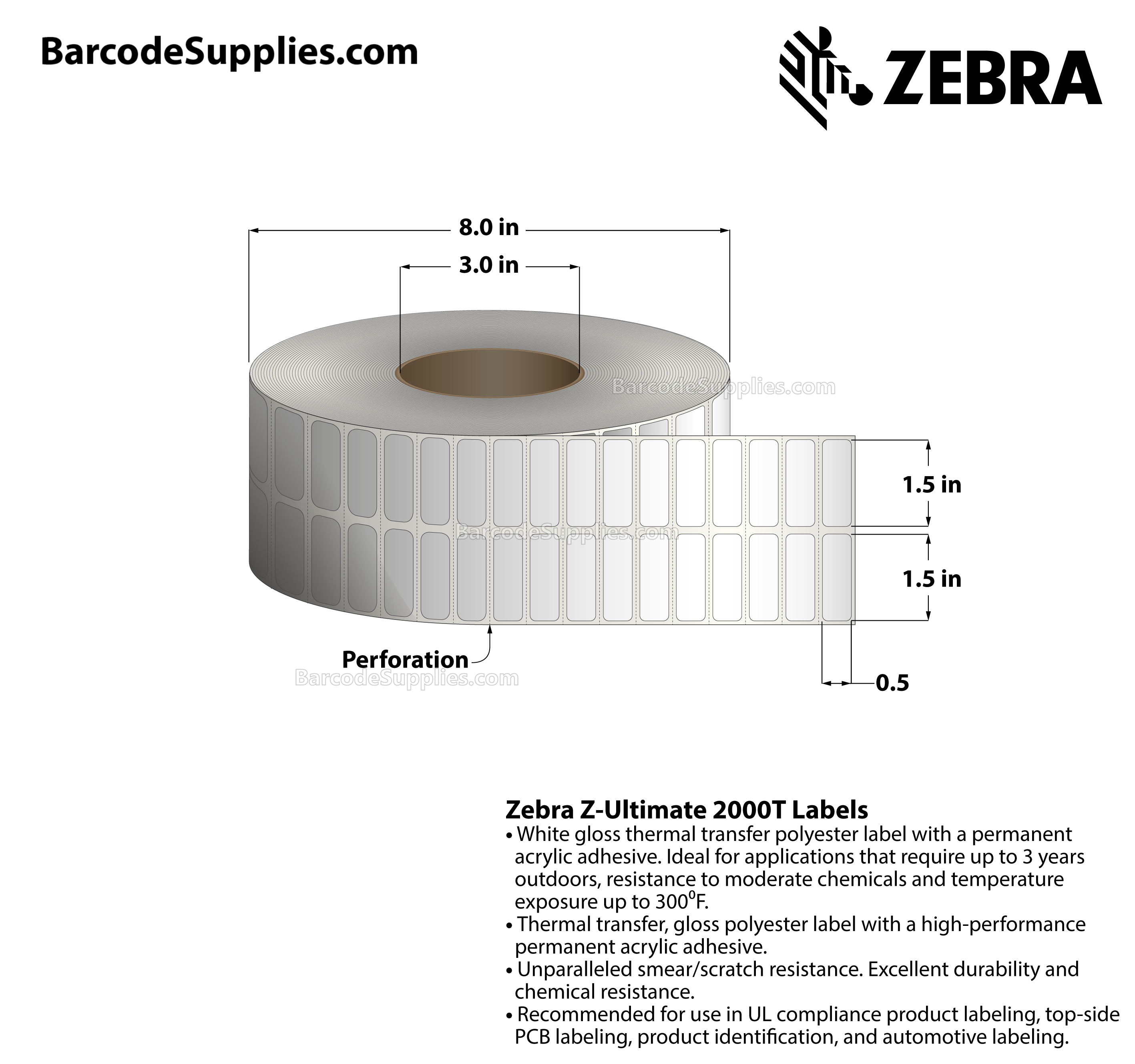 1.5 x 0.5 Thermal Transfer White Z-Ultimate 2000T (2-Across) Labels With Permanent Adhesive - Perforated - 10000 Labels Per Roll - Carton Of 1 Rolls - 10000 Labels Total - MPN: 10022957