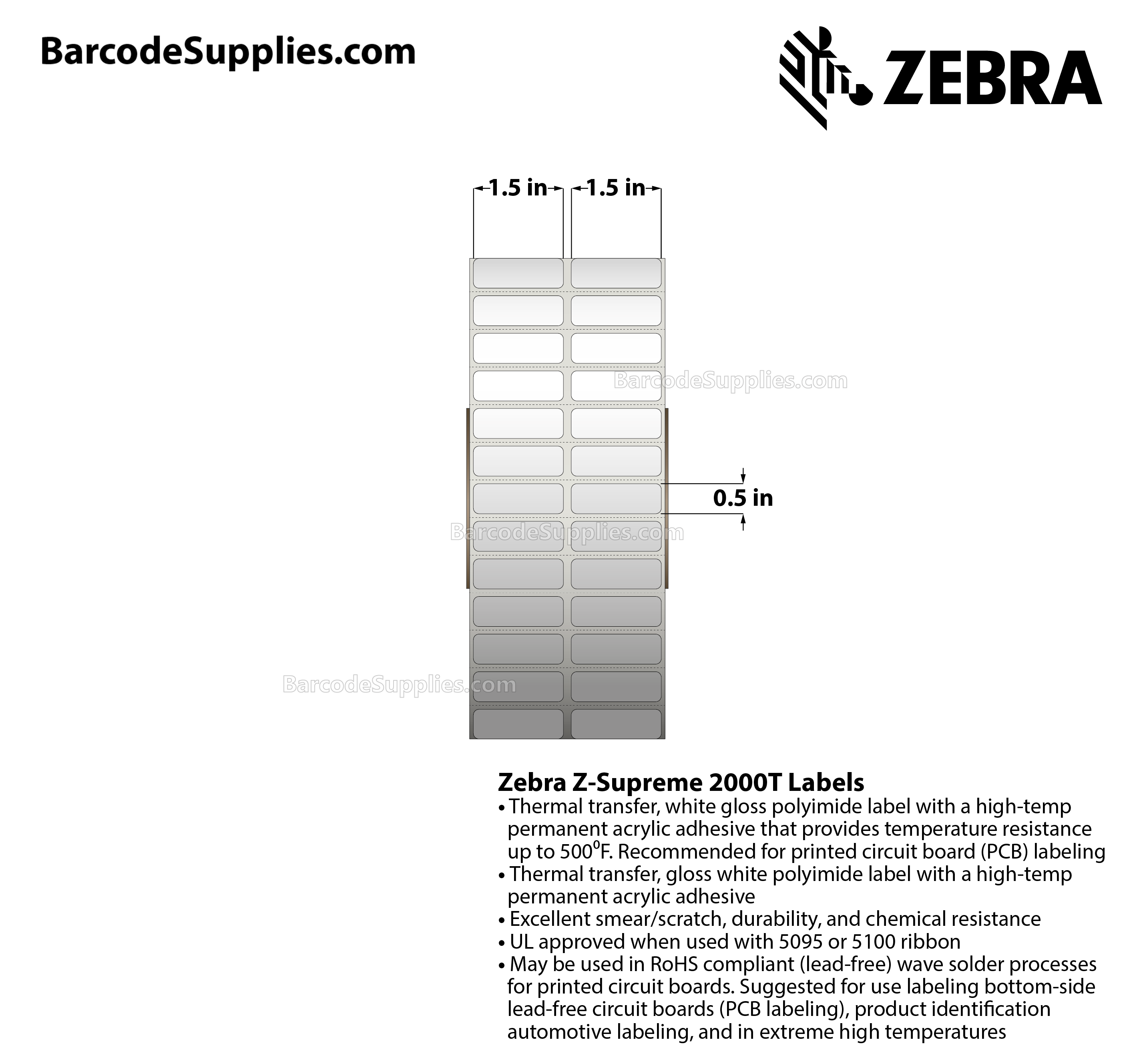 1.5 x 0.5 Thermal Transfer White Z-Supreme 2000T (2-Across) Labels With High-temp Adhesive - Perforated - 10000 Labels Per Roll - Carton Of 1 Rolls - 10000 Labels Total - MPN: 10023210
