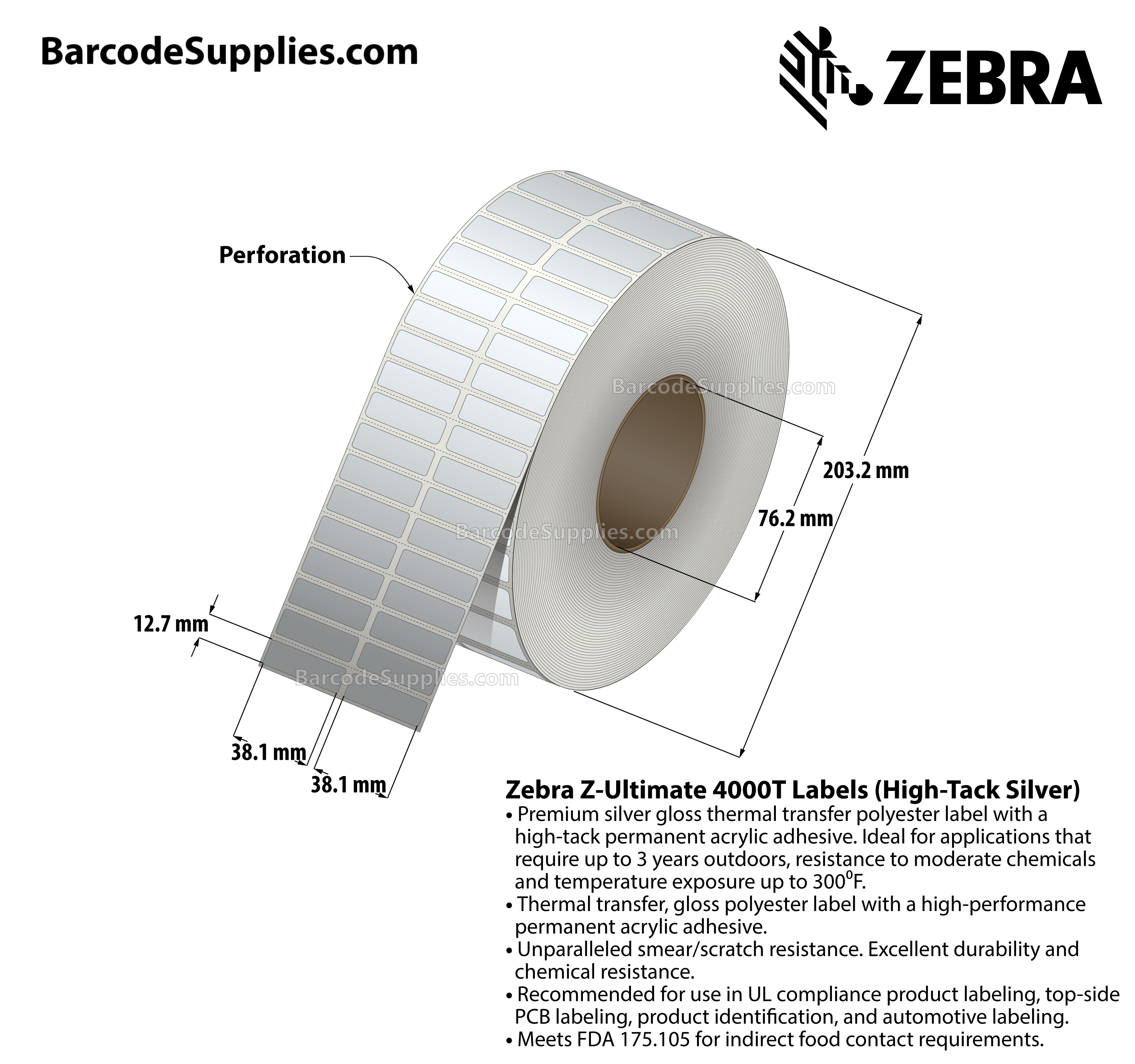 1.5 x 0.5 Thermal Transfer Silver Z-Ultimate 4000T High-Tack Silver (2-Across) Labels With High-tack Adhesive - Perforated - 10000 Labels Per Roll - Carton Of 1 Rolls - 10000 Labels Total - MPN: 10023349