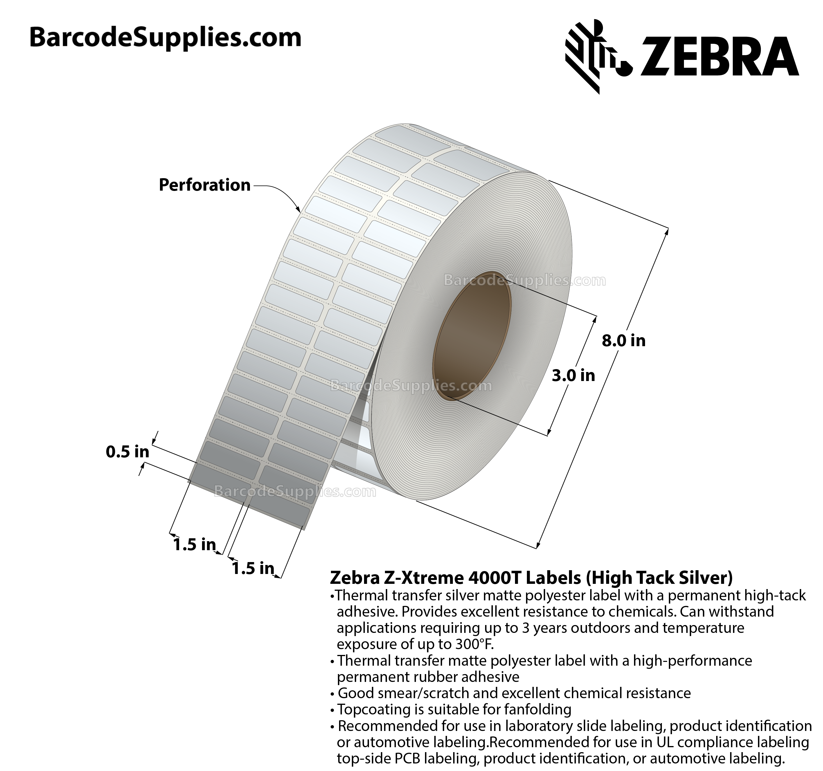 1.5 x 0.5 Thermal Transfer Silver Z-Xtreme 4000T High-Tack Silver (2-Across) Labels With High-tack Adhesive - Perforated - 10000 Labels Per Roll - Carton Of 1 Rolls - 10000 Labels Total - MPN: 10023171