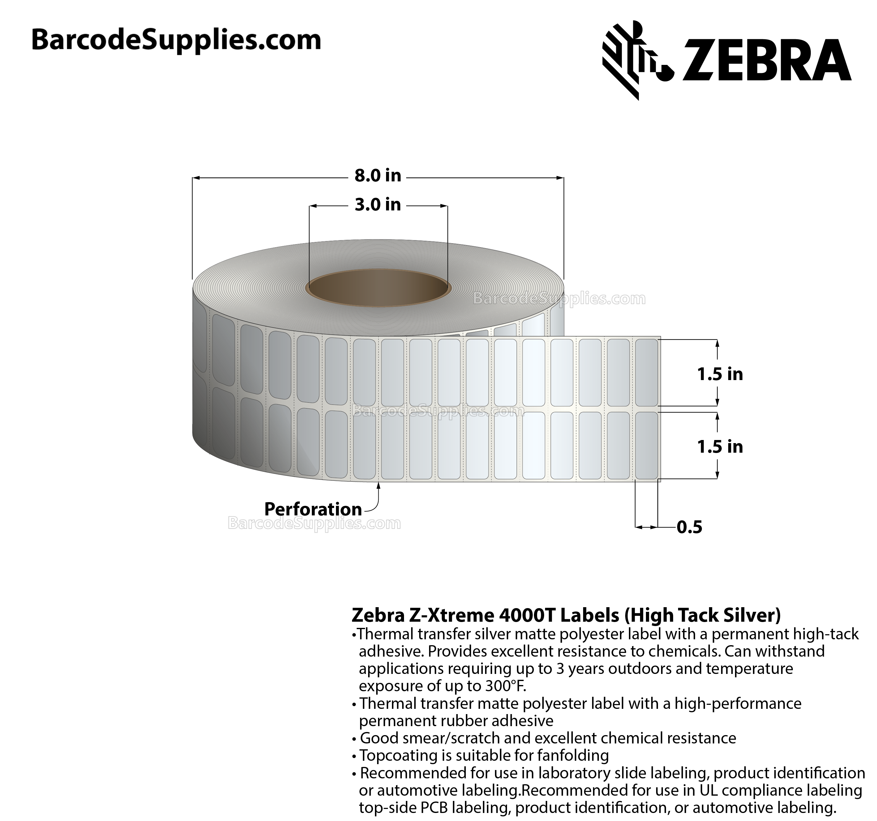 1.5 x 0.5 Thermal Transfer Silver Z-Xtreme 4000T High-Tack Silver (2-Across) Labels With High-tack Adhesive - Perforated - 10000 Labels Per Roll - Carton Of 1 Rolls - 10000 Labels Total - MPN: 10023171