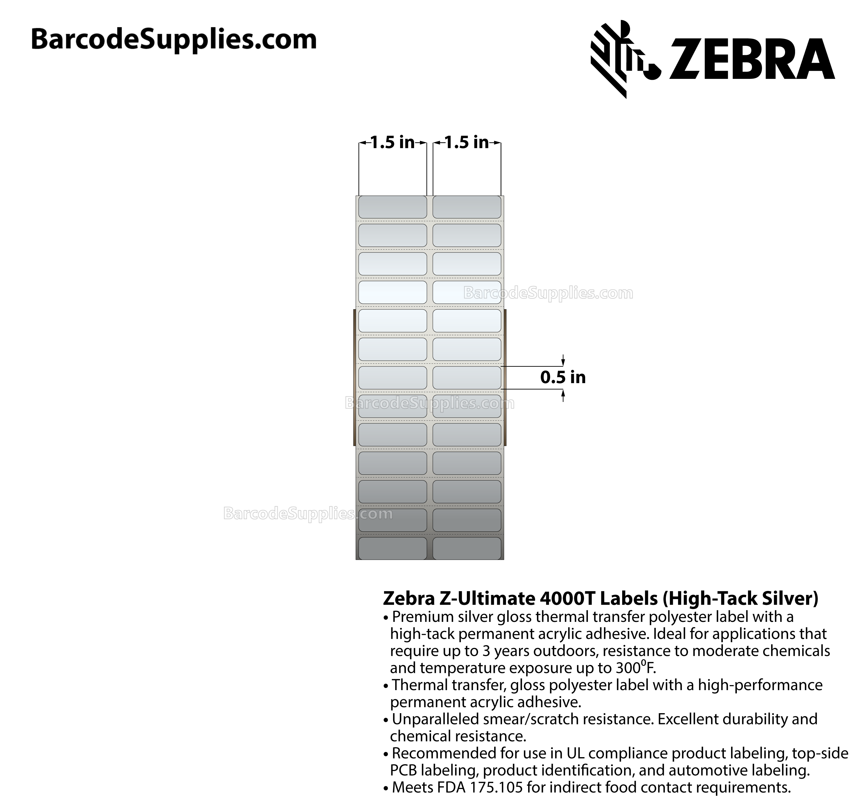 1.5 x 0.5 Thermal Transfer Silver Z-Ultimate 4000T High-Tack Silver (2-Across) Labels With High-tack Adhesive - Perforated - 10000 Labels Per Roll - Carton Of 1 Rolls - 10000 Labels Total - MPN: 10023349