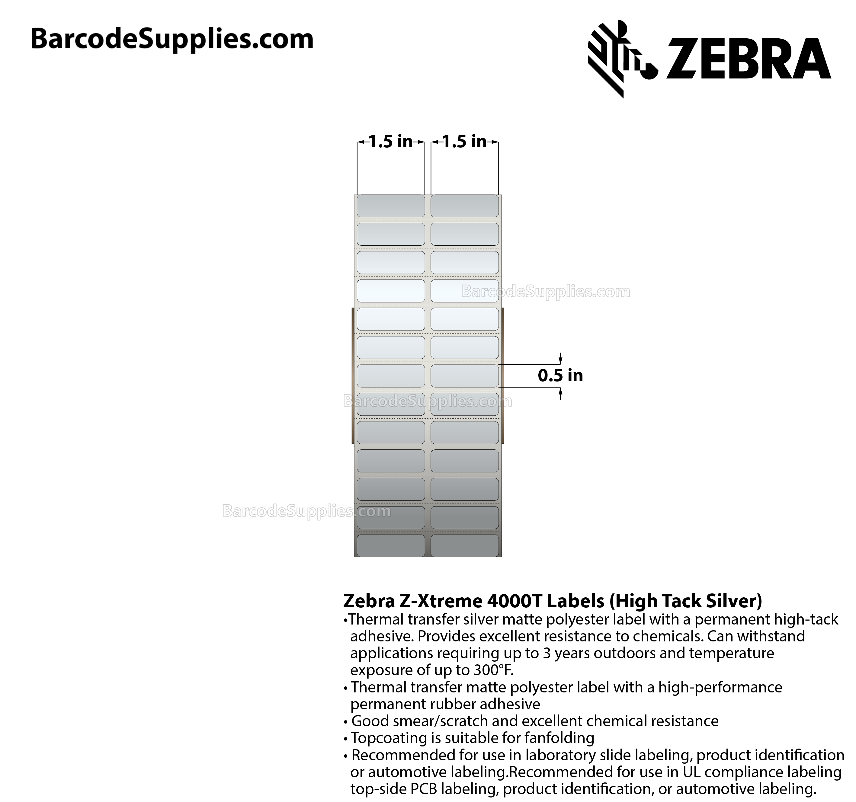 1.5 x 0.5 Thermal Transfer Silver Z-Xtreme 4000T High-Tack Silver (2-Across) Labels With High-tack Adhesive - Perforated - 10000 Labels Per Roll - Carton Of 1 Rolls - 10000 Labels Total - MPN: 10023171