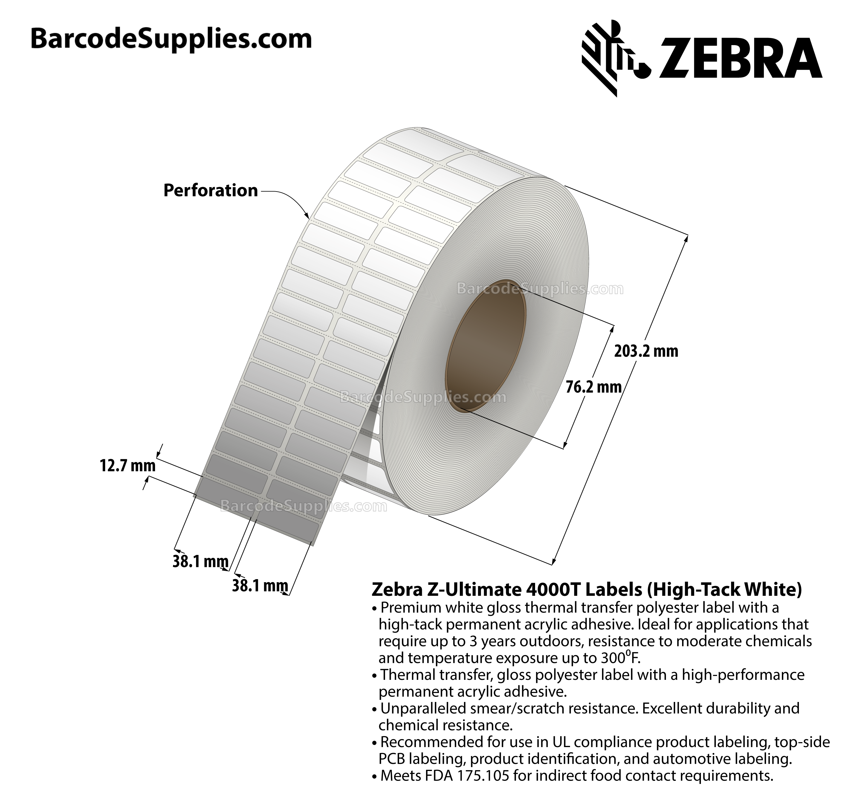 1.5 x 0.5 Thermal Transfer White Z-Ultimate 4000T High-Tack White (2-Across) Labels With High-tack Adhesive - Perforated - 10000 Labels Per Roll - Carton Of 1 Rolls - 10000 Labels Total - MPN: 10023053
