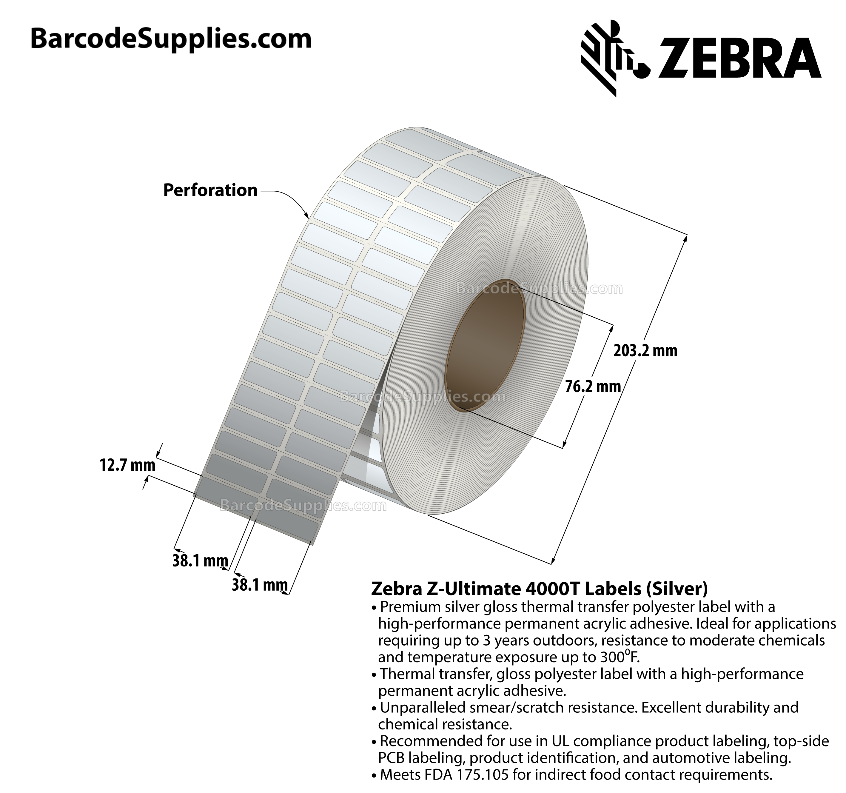 1.5 x 0.5 Thermal Transfer Silver Z-Ultimate 4000T Silver (2-Across) Labels With Permanent Adhesive - Perforated - 10000 Labels Per Roll - Carton Of 1 Rolls - 10000 Labels Total - MPN: 10023154