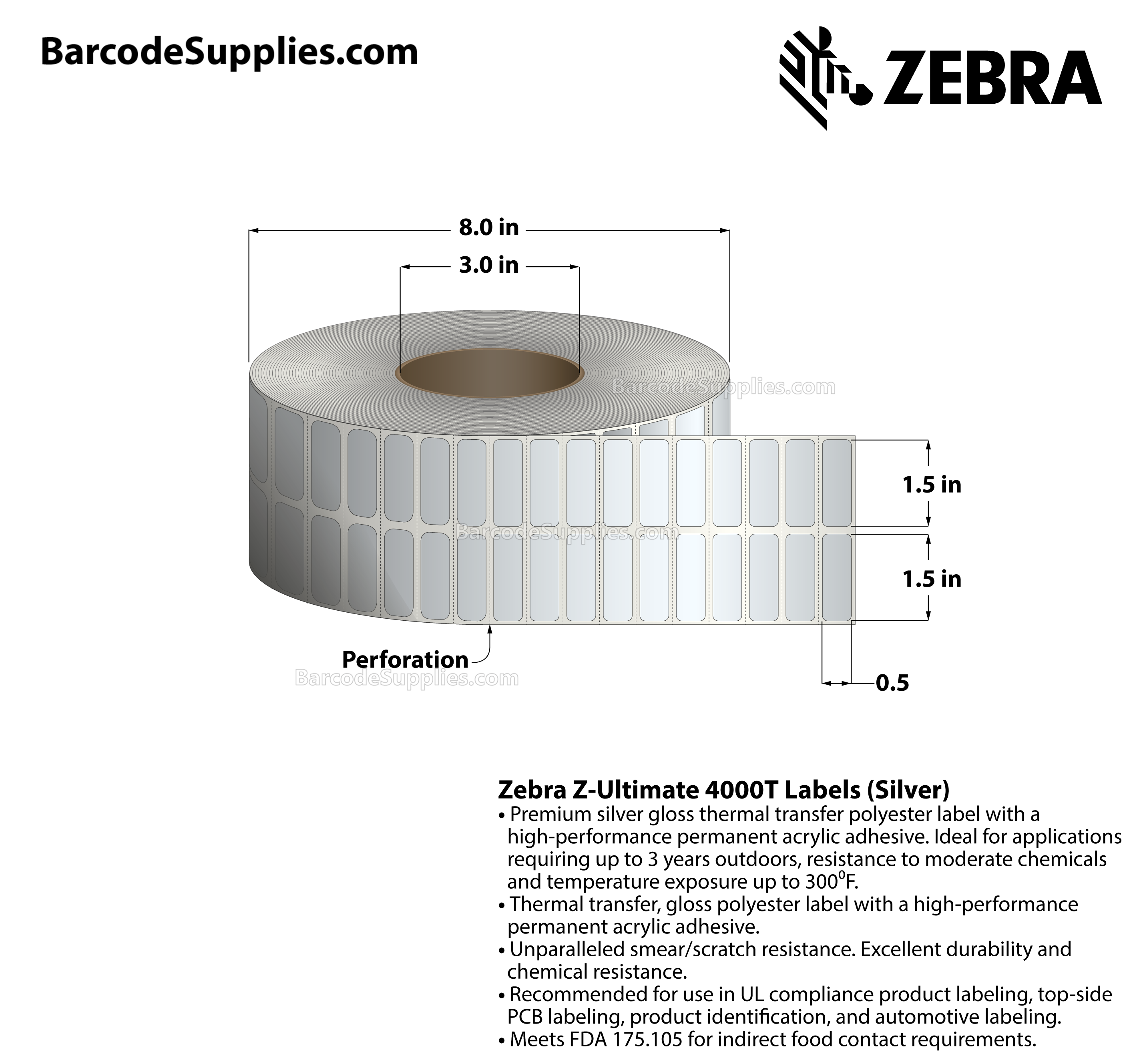 1.5 x 0.5 Thermal Transfer Silver Z-Ultimate 4000T Silver (2-Across) Labels With Permanent Adhesive - Perforated - 10000 Labels Per Roll - Carton Of 1 Rolls - 10000 Labels Total - MPN: 10023154