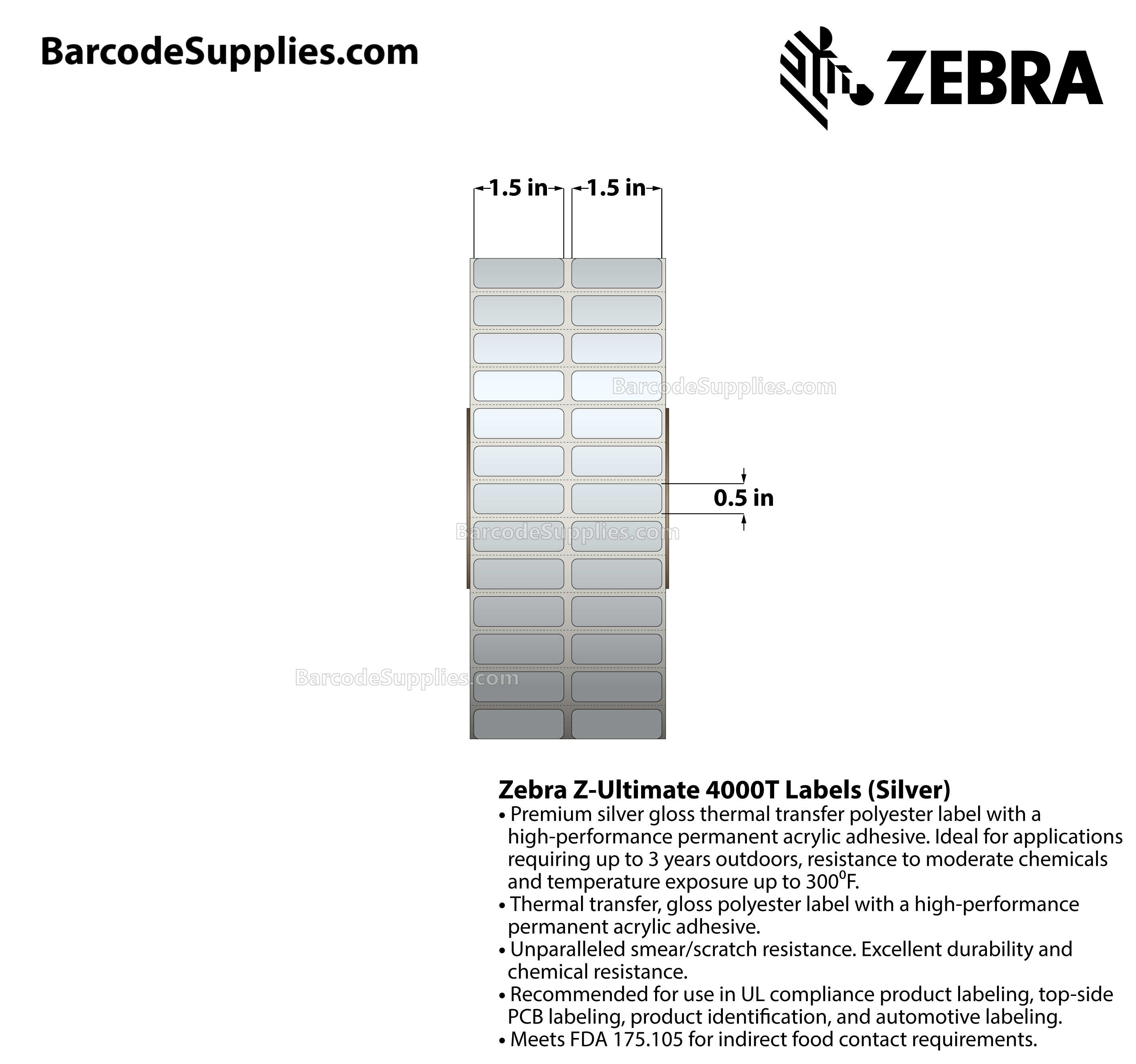 1.5 x 0.5 Thermal Transfer Silver Z-Ultimate 4000T Silver (2-Across) Labels With Permanent Adhesive - Perforated - 10000 Labels Per Roll - Carton Of 1 Rolls - 10000 Labels Total - MPN: 10023154