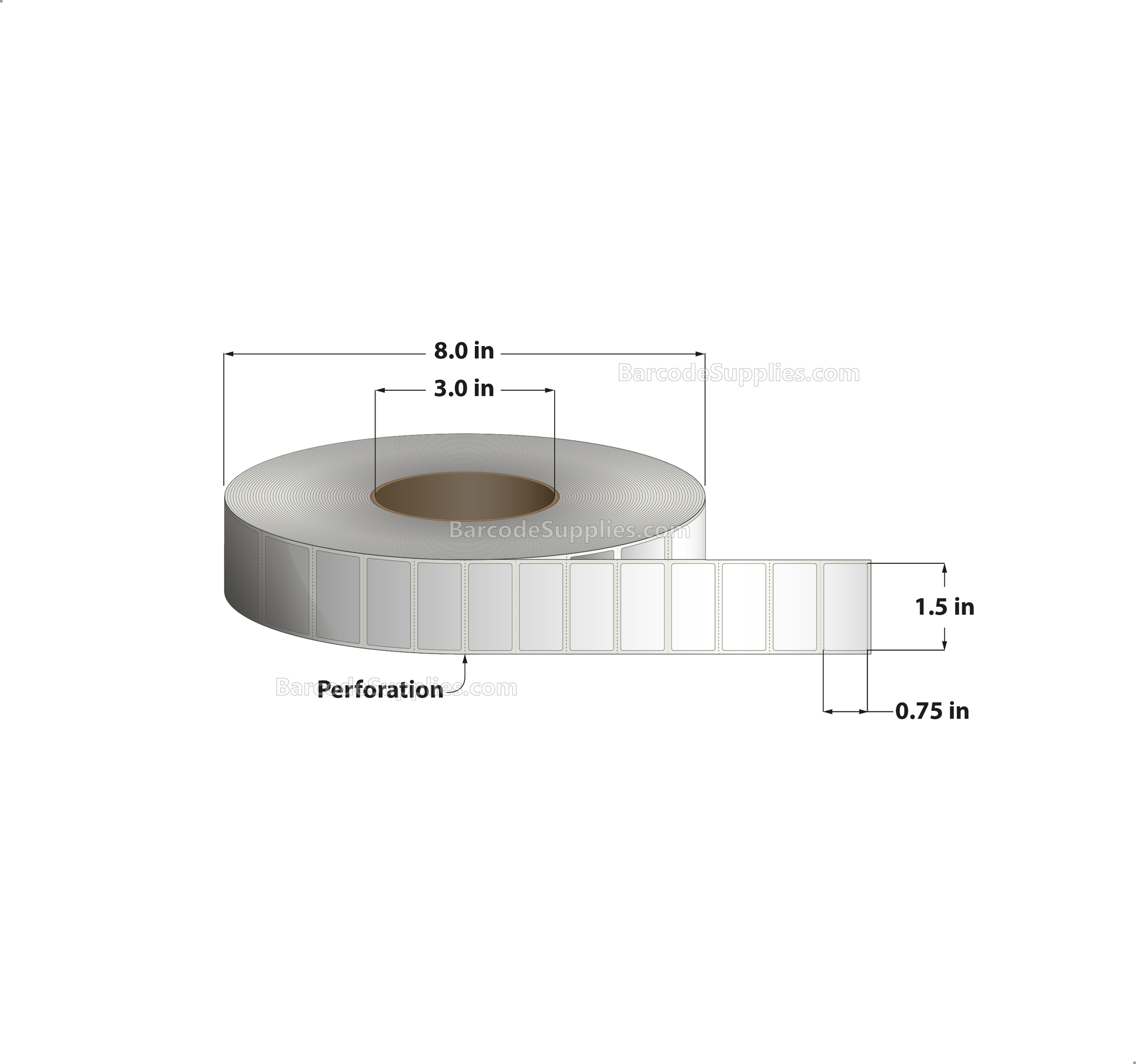 1.5 x 0.75 Thermal Transfer White Labels With Permanent Adhesive - Perforated - 7500 Labels Per Roll - Carton Of 8 Rolls - 60000 Labels Total - MPN: RP-15-075-7500-3