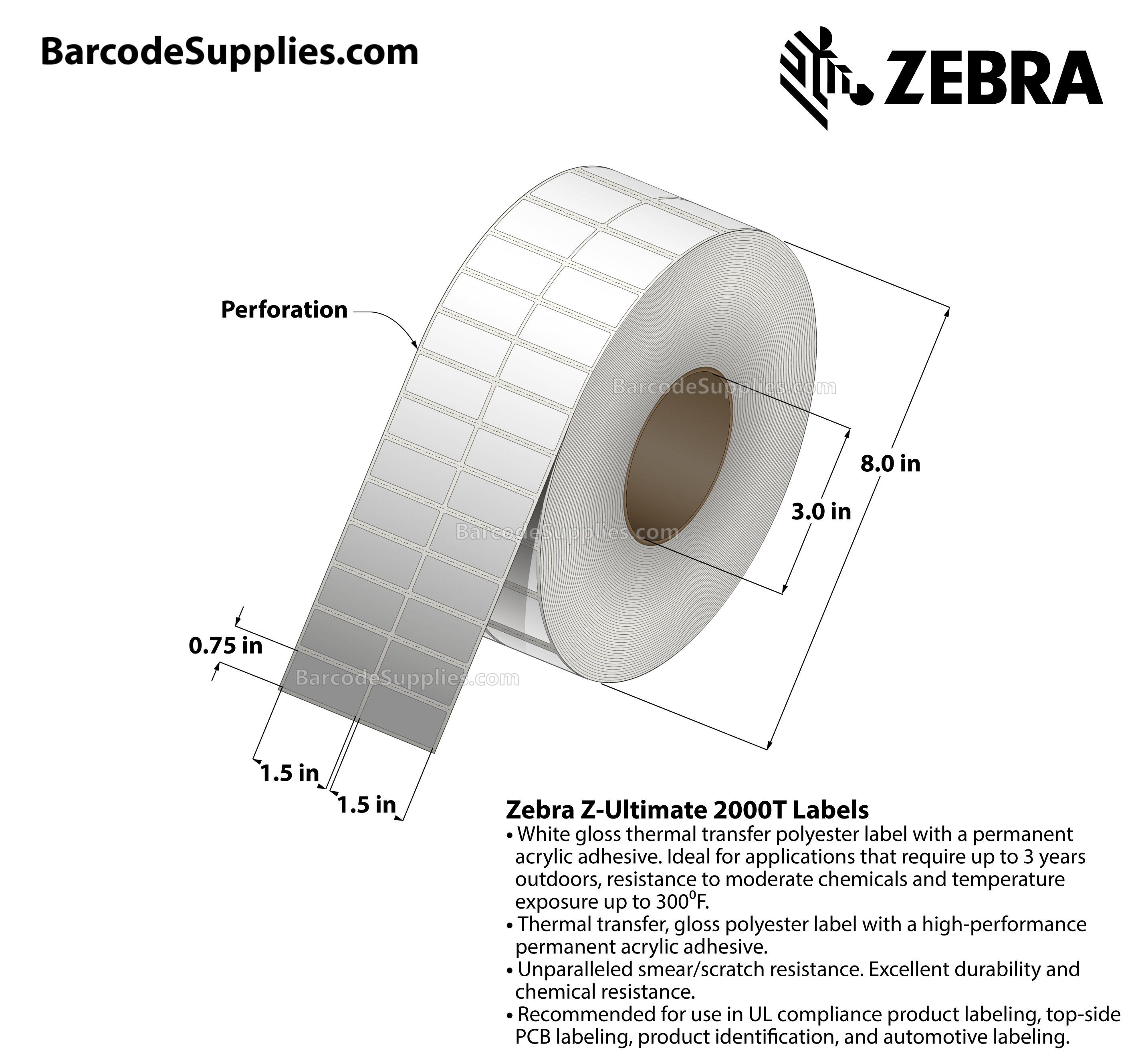 1.5 x 0.75 Thermal Transfer White Z-Ultimate 2000T (2-Across) Labels With Permanent Adhesive - Perforated - 10000 Labels Per Roll - Carton Of 1 Rolls - 10000 Labels Total - MPN: 10023032