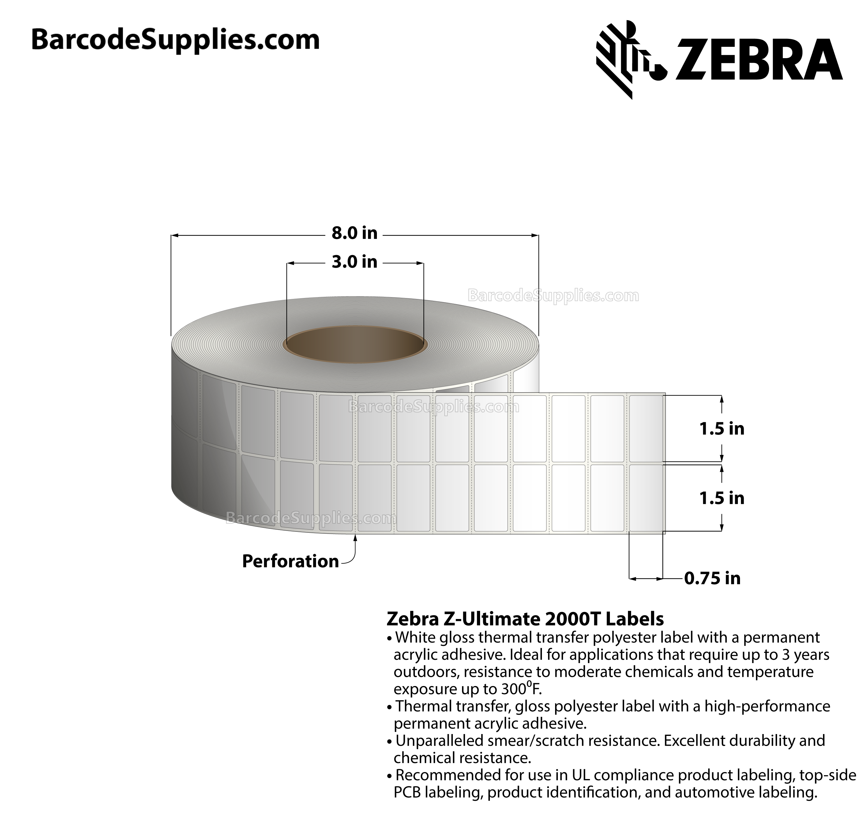 1.5 x 0.75 Thermal Transfer White Z-Ultimate 2000T (2-Across) Labels With Permanent Adhesive - Perforated - 10000 Labels Per Roll - Carton Of 1 Rolls - 10000 Labels Total - MPN: 10023032