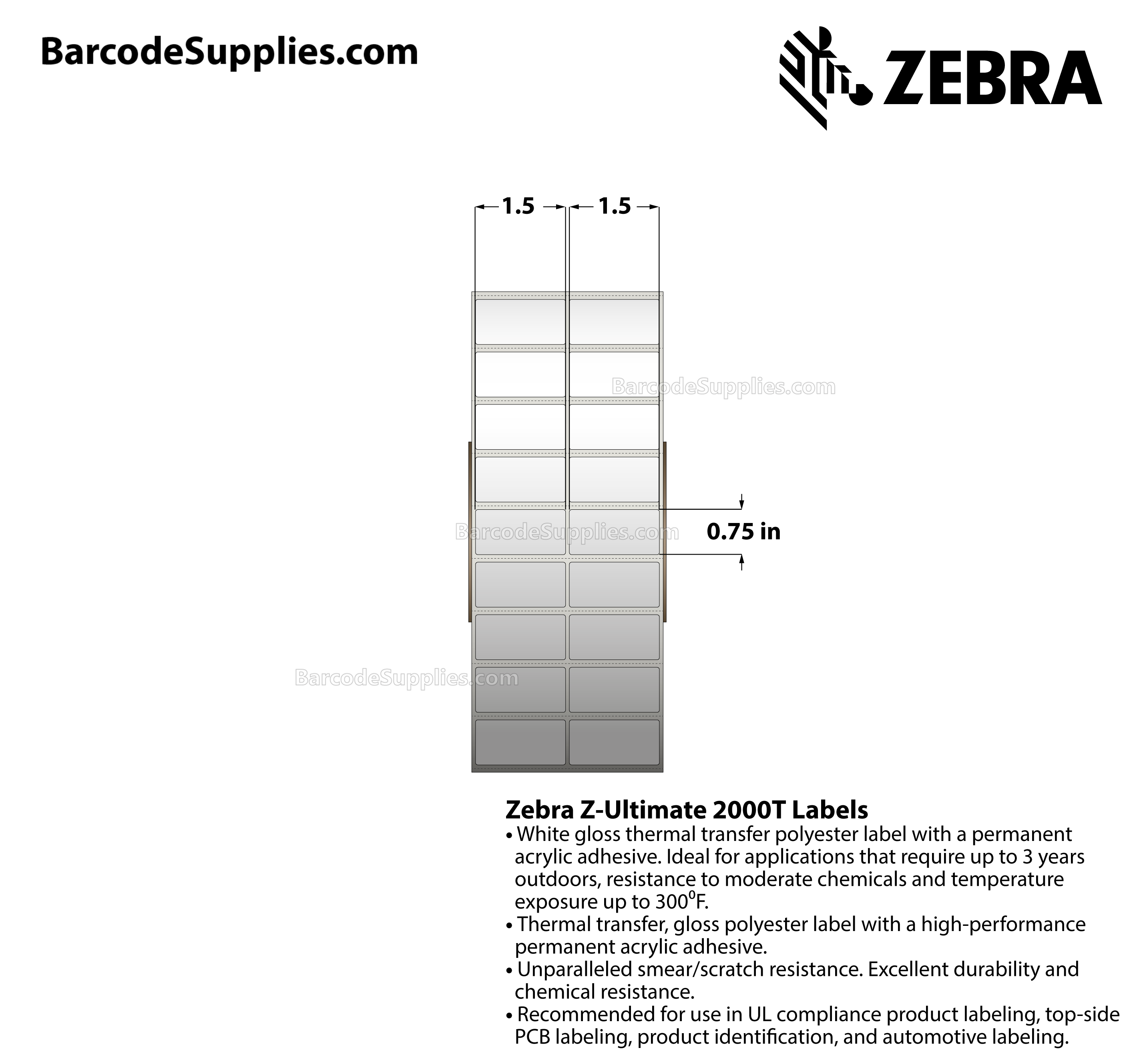 1.5 x 0.75 Thermal Transfer White Z-Ultimate 2000T (2-Across) Labels With Permanent Adhesive - Perforated - 10000 Labels Per Roll - Carton Of 1 Rolls - 10000 Labels Total - MPN: 10023032