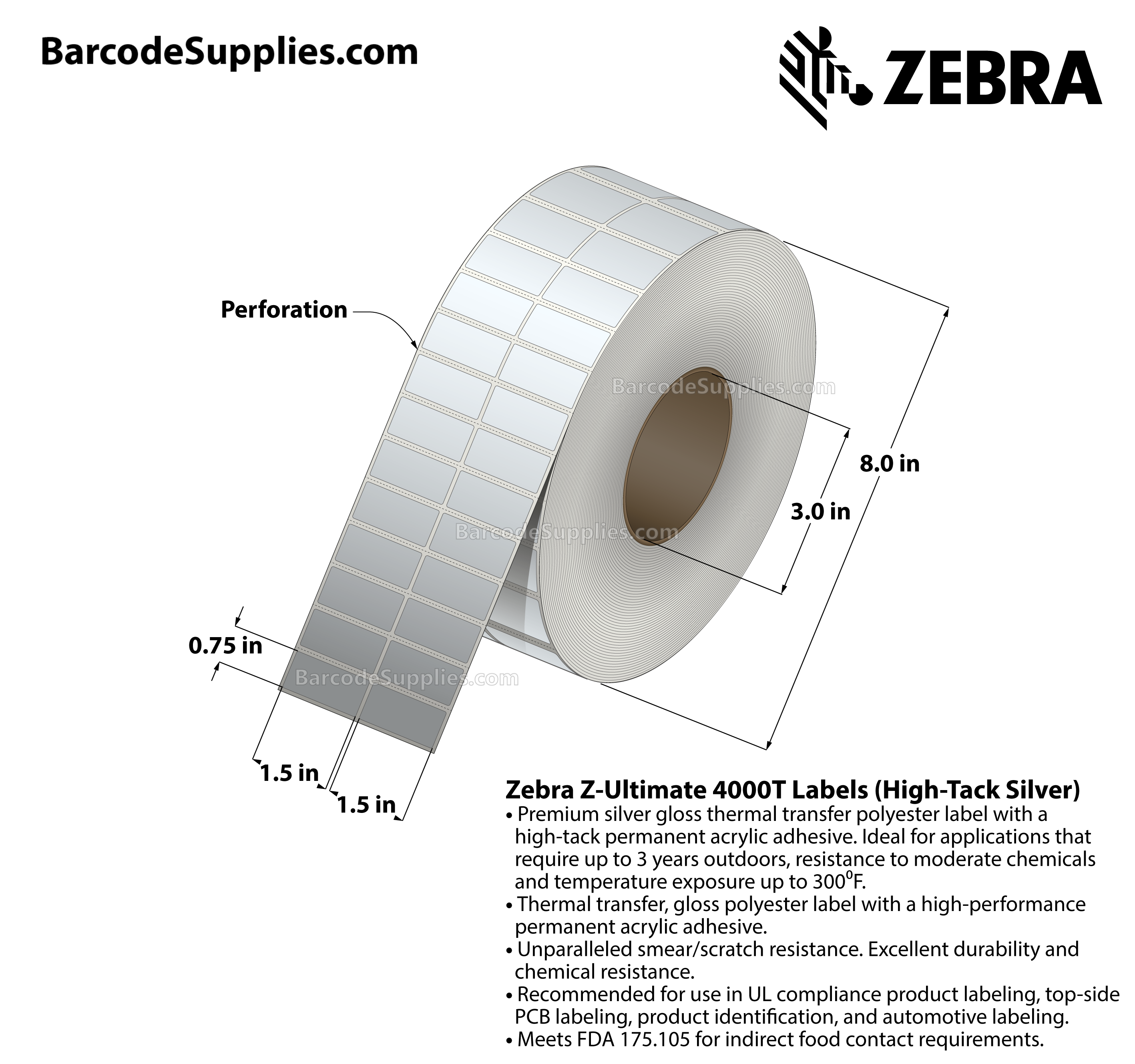 1.5 x 0.75 Thermal Transfer Silver Z-Ultimate 4000T High-Tack Silver (2-Across) Labels With High-tack Adhesive - Perforated - 10000 Labels Per Roll - Carton Of 1 Rolls - 10000 Labels Total - MPN: 10023350