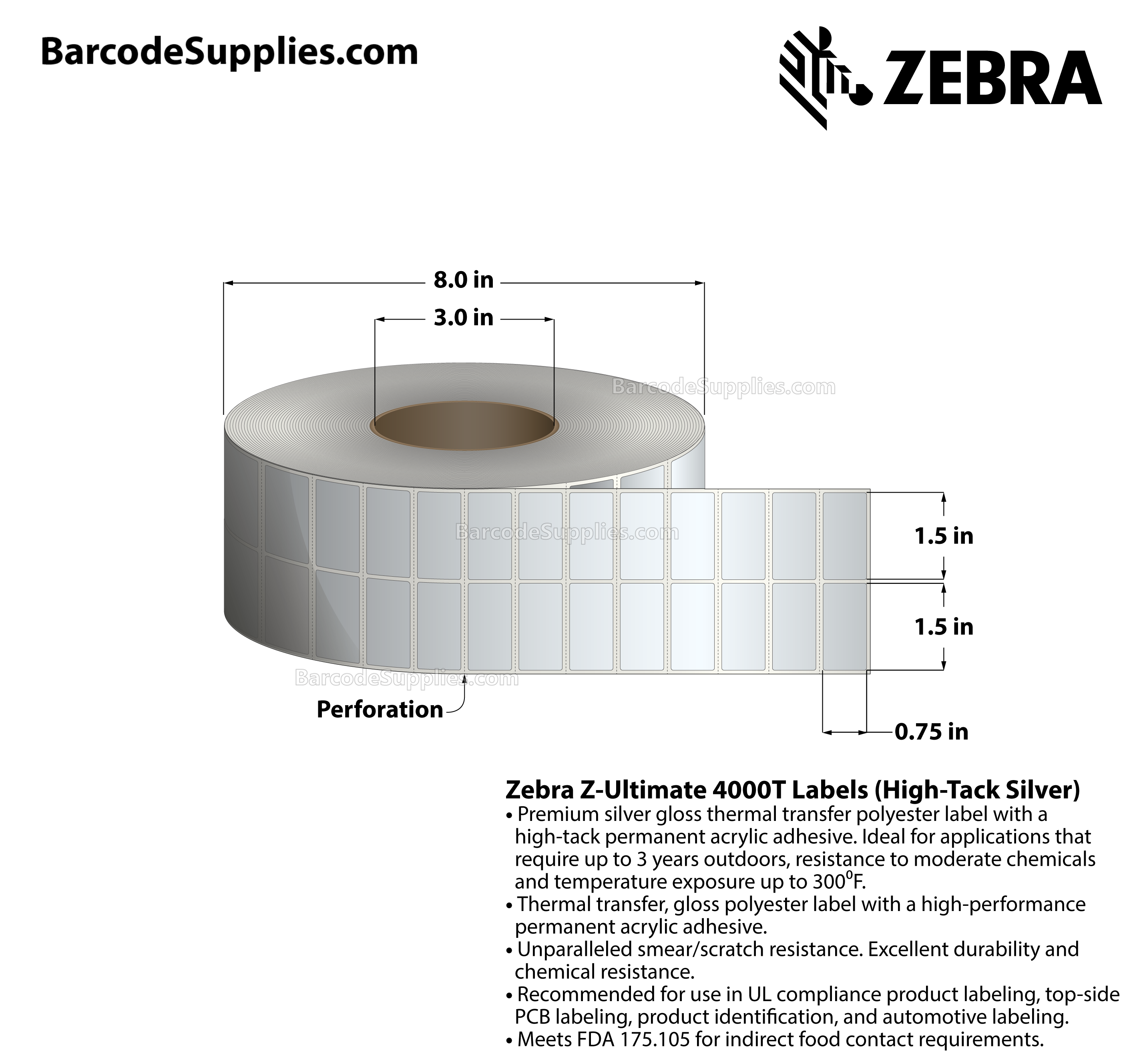 1.5 x 0.75 Thermal Transfer Silver Z-Ultimate 4000T High-Tack Silver (2-Across) Labels With High-tack Adhesive - Perforated - 10000 Labels Per Roll - Carton Of 1 Rolls - 10000 Labels Total - MPN: 10023350