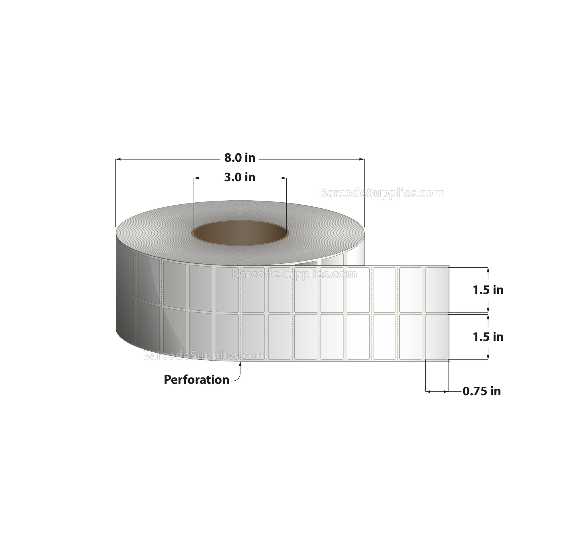 1.5 x 0.75 Thermal Transfer White Labels With Permanent Adhesive - Perforated - 15,000 Labels Per Roll - Carton Of 4 Rolls - 60000 Labels Total - MPN: RT-15-075-15000-3
