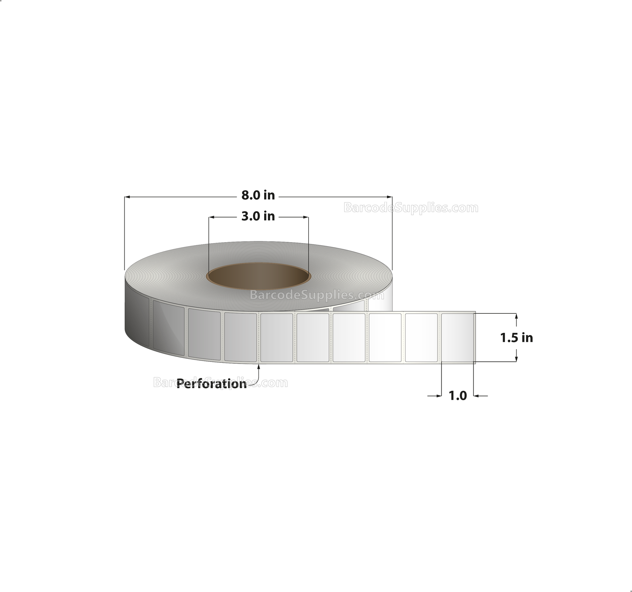 1.5 x 1 Thermal Transfer White Labels With Permanent Adhesive - Perforated - 5500 Labels Per Roll - Carton Of 8 Rolls - 44000 Labels Total - MPN: RT-15-1-5500-3