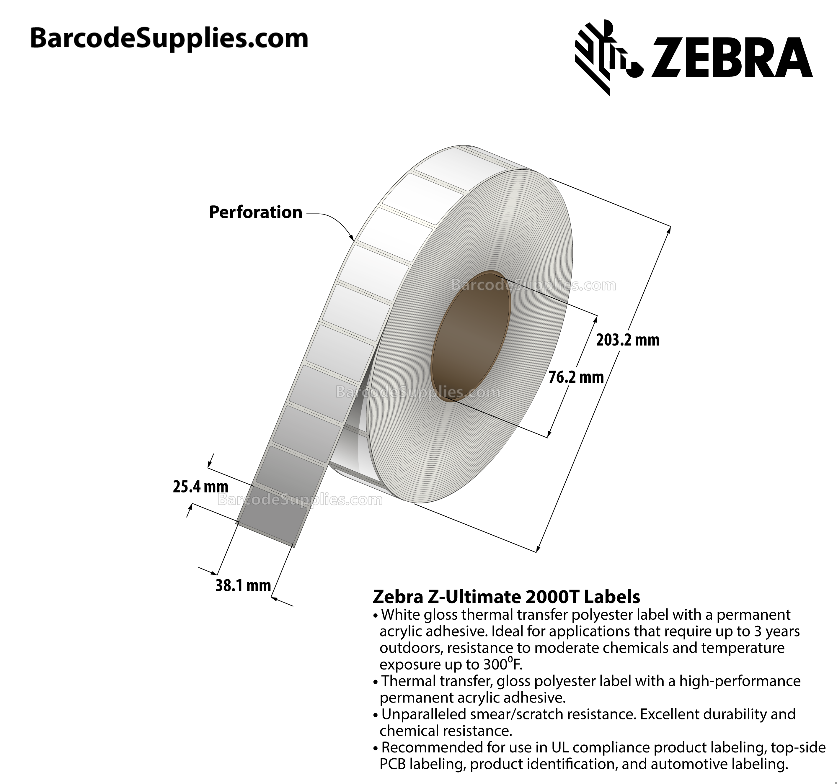 1.5 x 1 Thermal Transfer White Z-Ultimate 2000T Labels With Permanent Adhesive - Perforated - 5486 Labels Per Roll - Carton Of 4 Rolls - 21944 Labels Total - MPN: 10011981