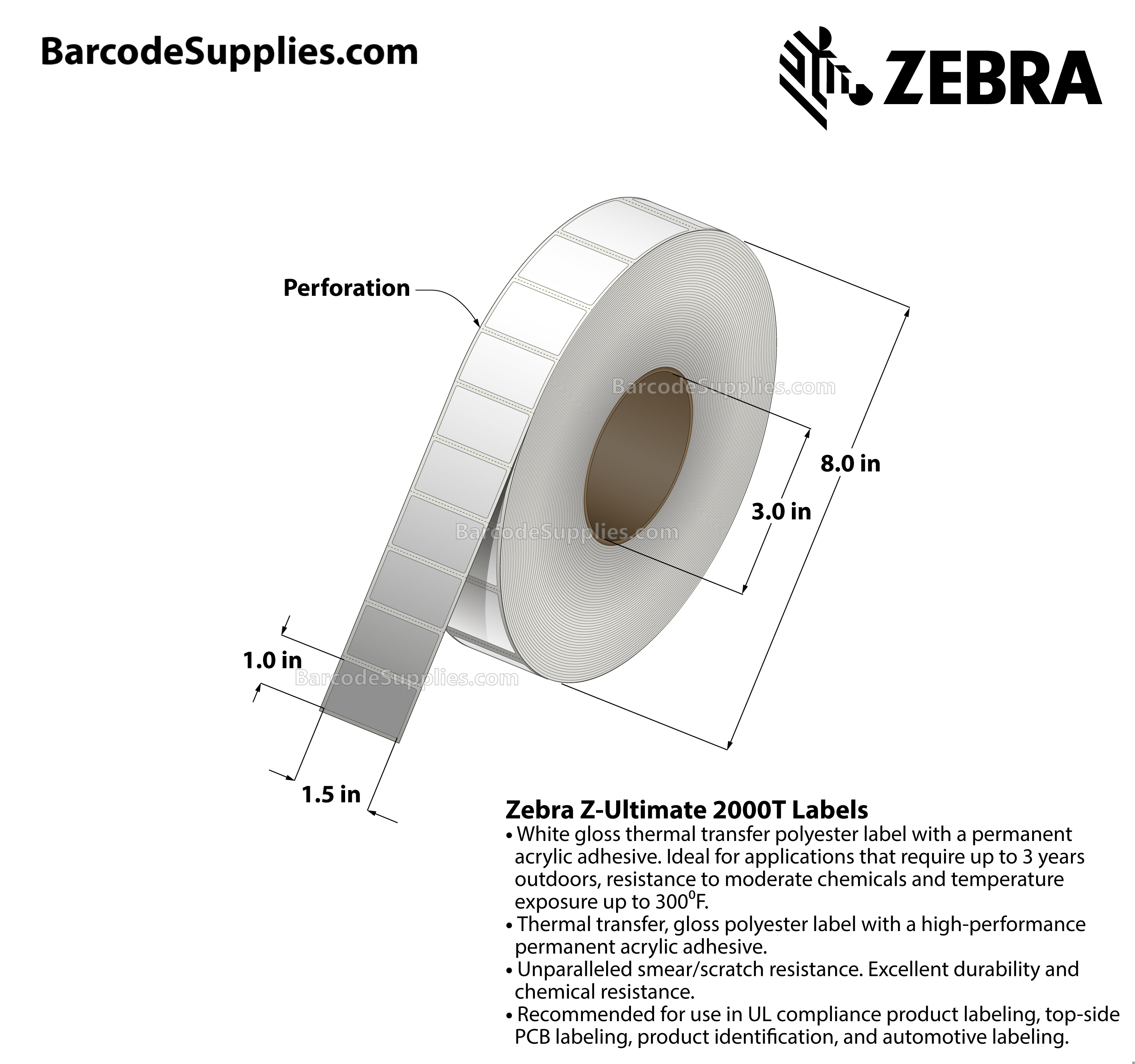 1.5 x 1 Thermal Transfer White Z-Ultimate 2000T Labels With Permanent Adhesive - Perforated - 5486 Labels Per Roll - Carton Of 4 Rolls - 21944 Labels Total - MPN: 10011981