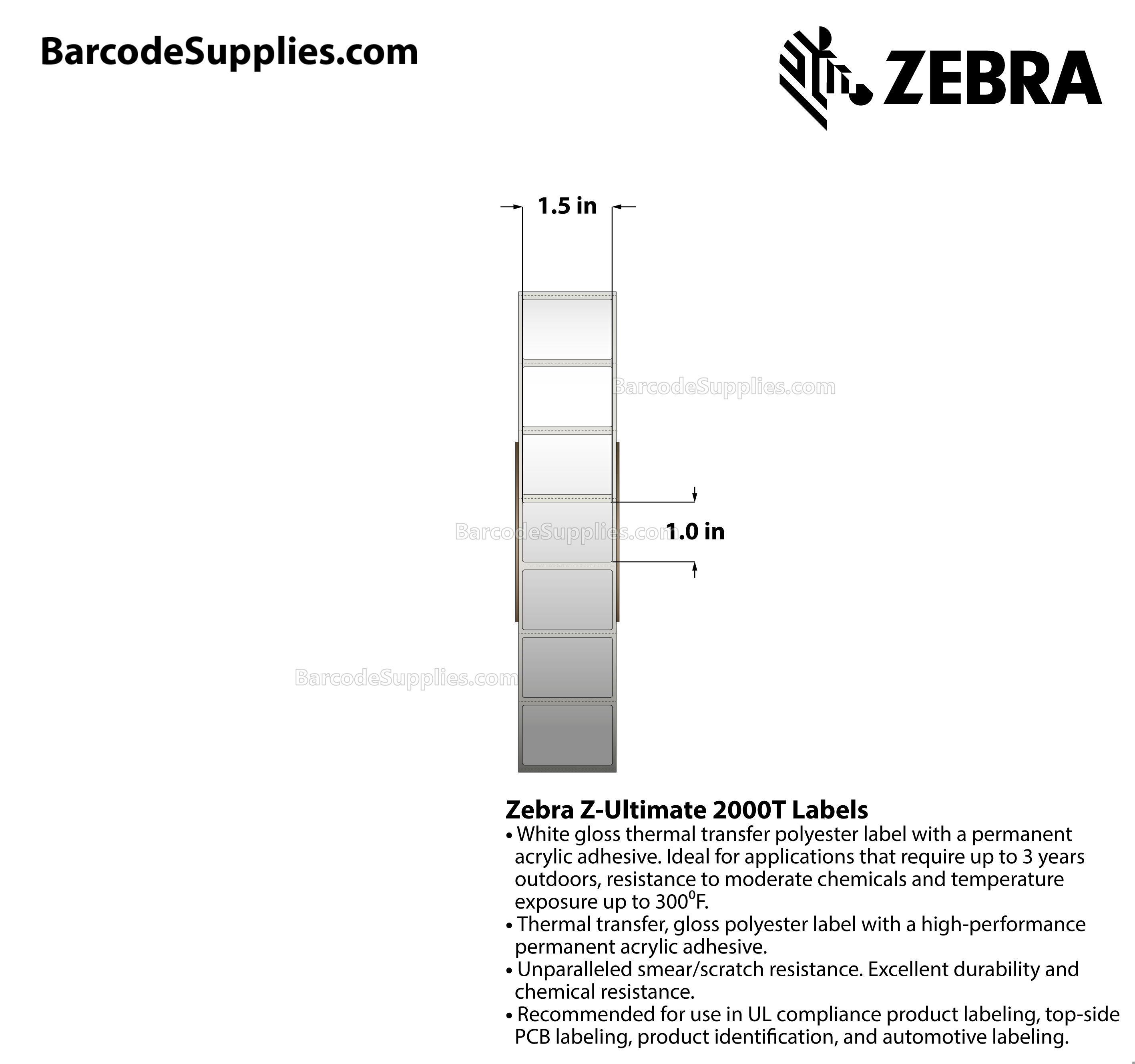 1.5 x 1 Thermal Transfer White Z-Ultimate 2000T Labels With Permanent Adhesive - Perforated - 5486 Labels Per Roll - Carton Of 4 Rolls - 21944 Labels Total - MPN: 10011981
