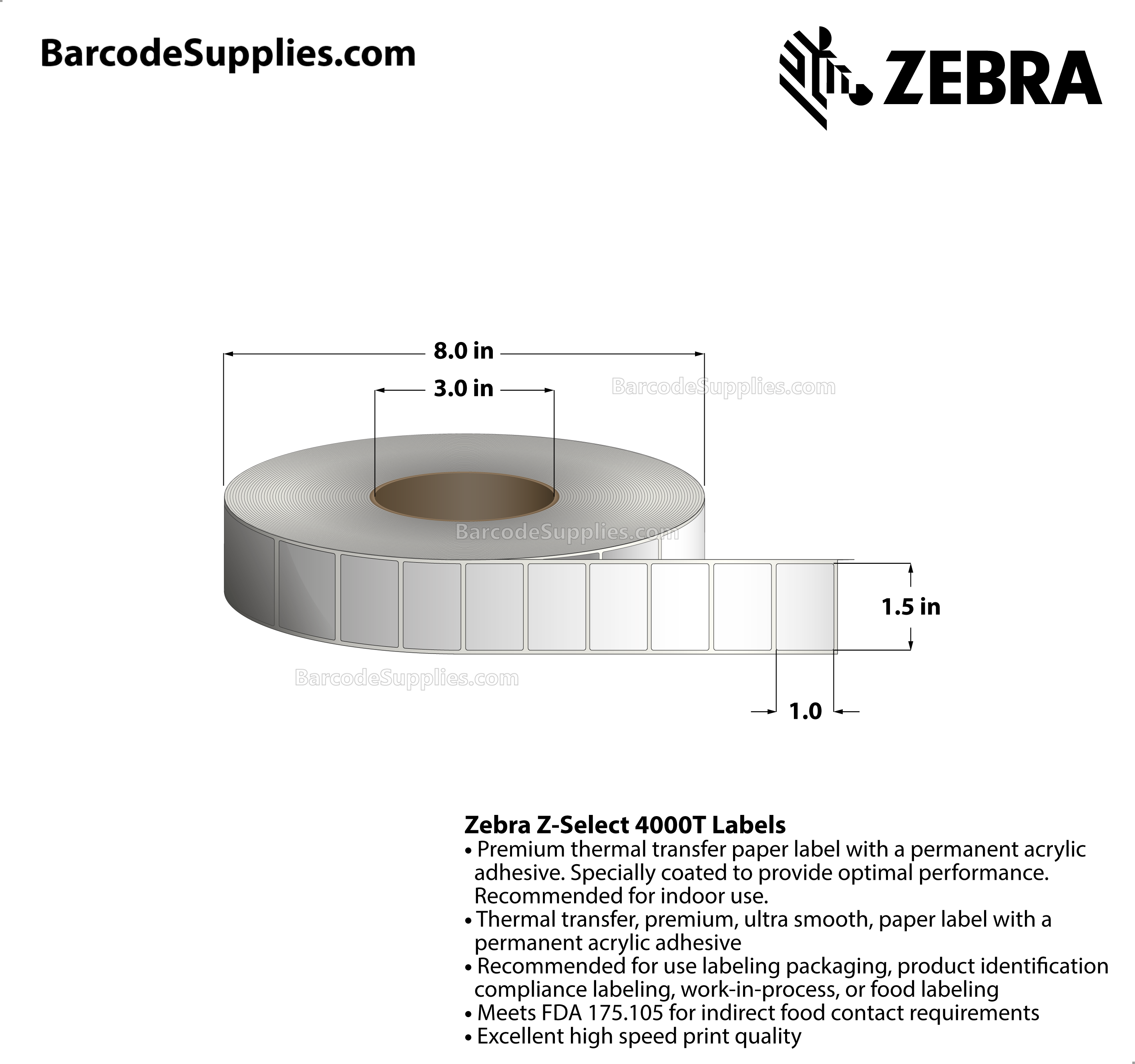 1.5 x 1 Thermal Transfer White Z-Select 4000T Labels With Permanent Adhesive - Not Perforated - 5180 Labels Per Roll - Carton Of 14 Rolls - 72520 Labels Total - MPN: 72280