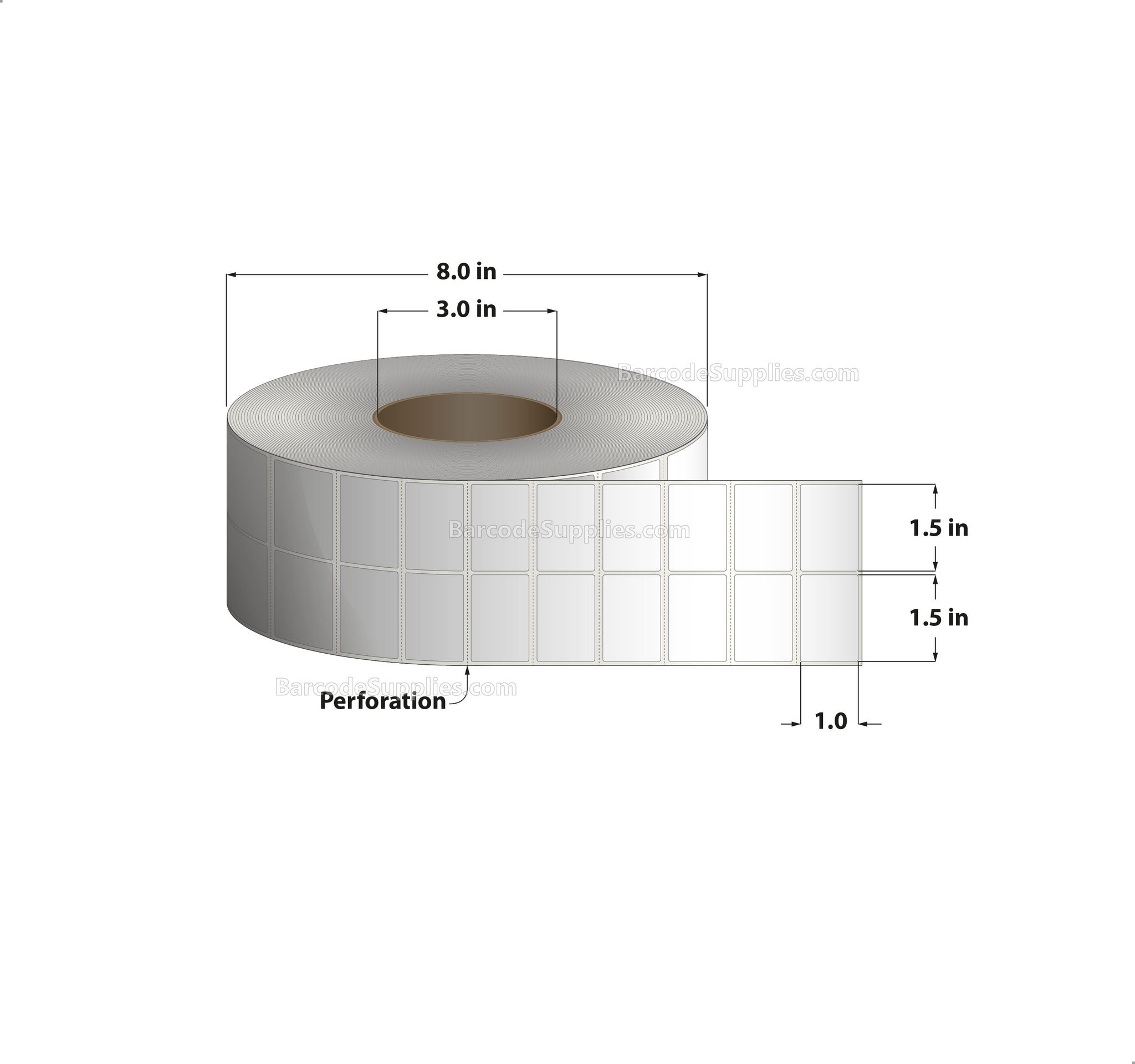 1.5 x 1 Thermal Transfer White Labels With Permanent Adhesive - Perforated - 10,000 Labels Per Roll - Carton Of 4 Rolls - 40000 Labels Total - MPN: RT-15-1-10000-3