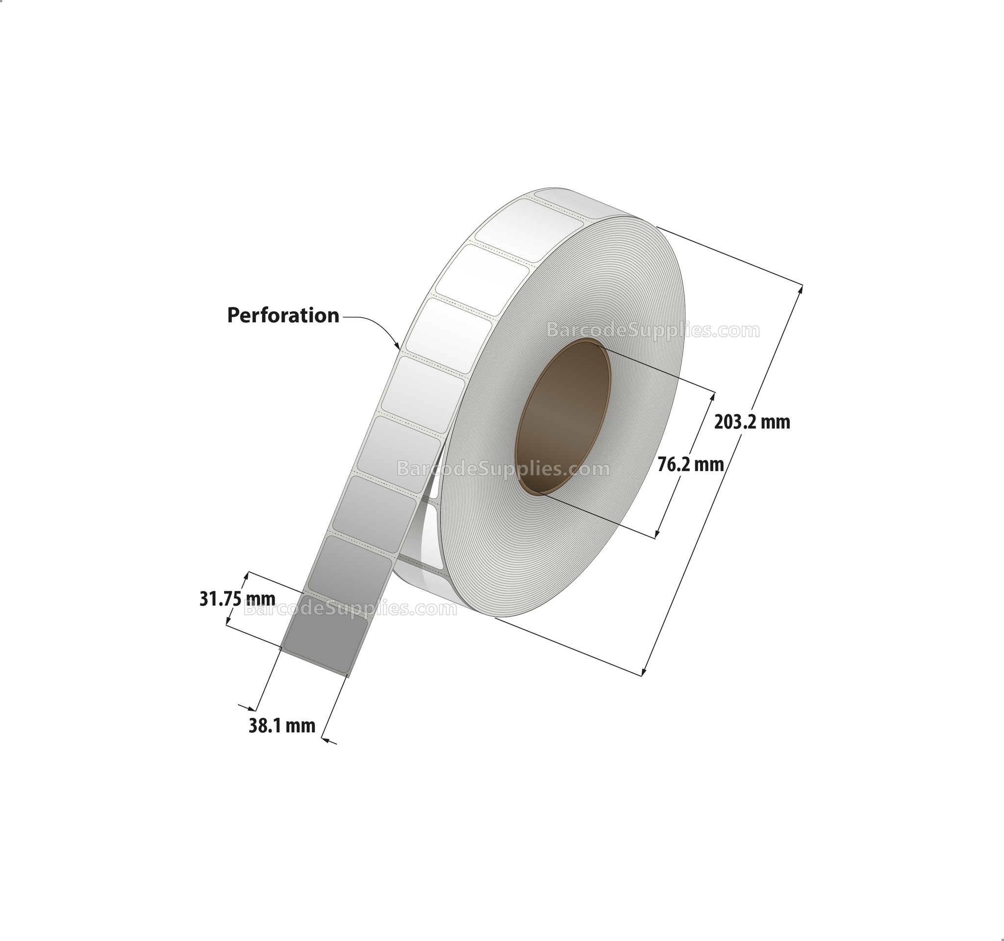 1.5 x 1.25 Direct Thermal White Labels With Acrylic Adhesive - Perforated - 4450 Labels Per Roll - Carton Of 8 Rolls - 35600 Labels Total - MPN: RD-15-125-4450-3 - BarcodeSource, Inc.