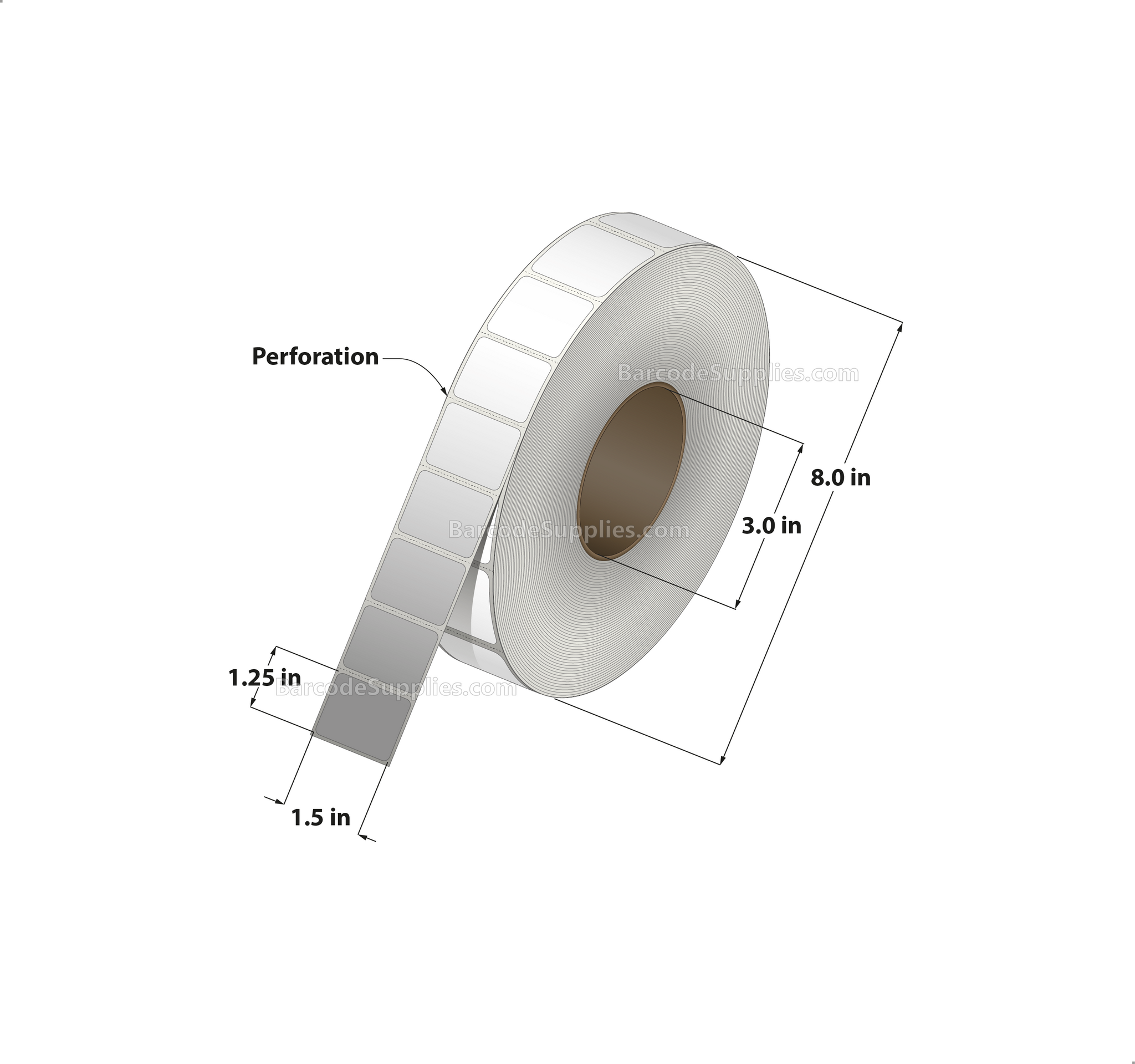 1.5 x 1.25 Thermal Transfer White Labels With Permanent Adhesive - Perforated - 4450 Labels Per Roll - Carton Of 8 Rolls - 35600 Labels Total - MPN: RT-15-125-4450-3