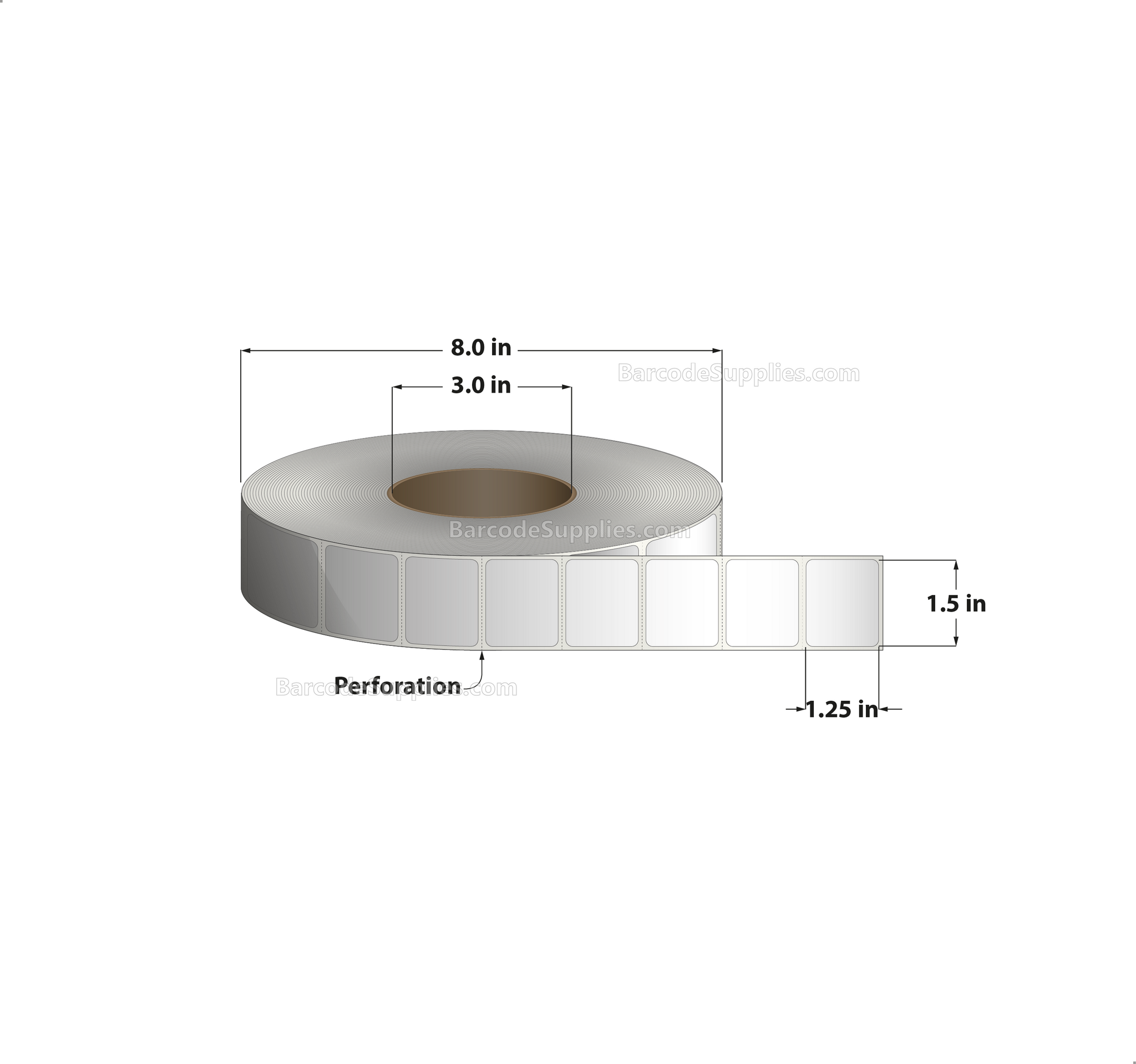 1.5 x 1.25 Direct Thermal White Labels With Acrylic Adhesive - Perforated - 4450 Labels Per Roll - Carton Of 8 Rolls - 35600 Labels Total - MPN: RD-15-125-4450-3 - BarcodeSource, Inc.