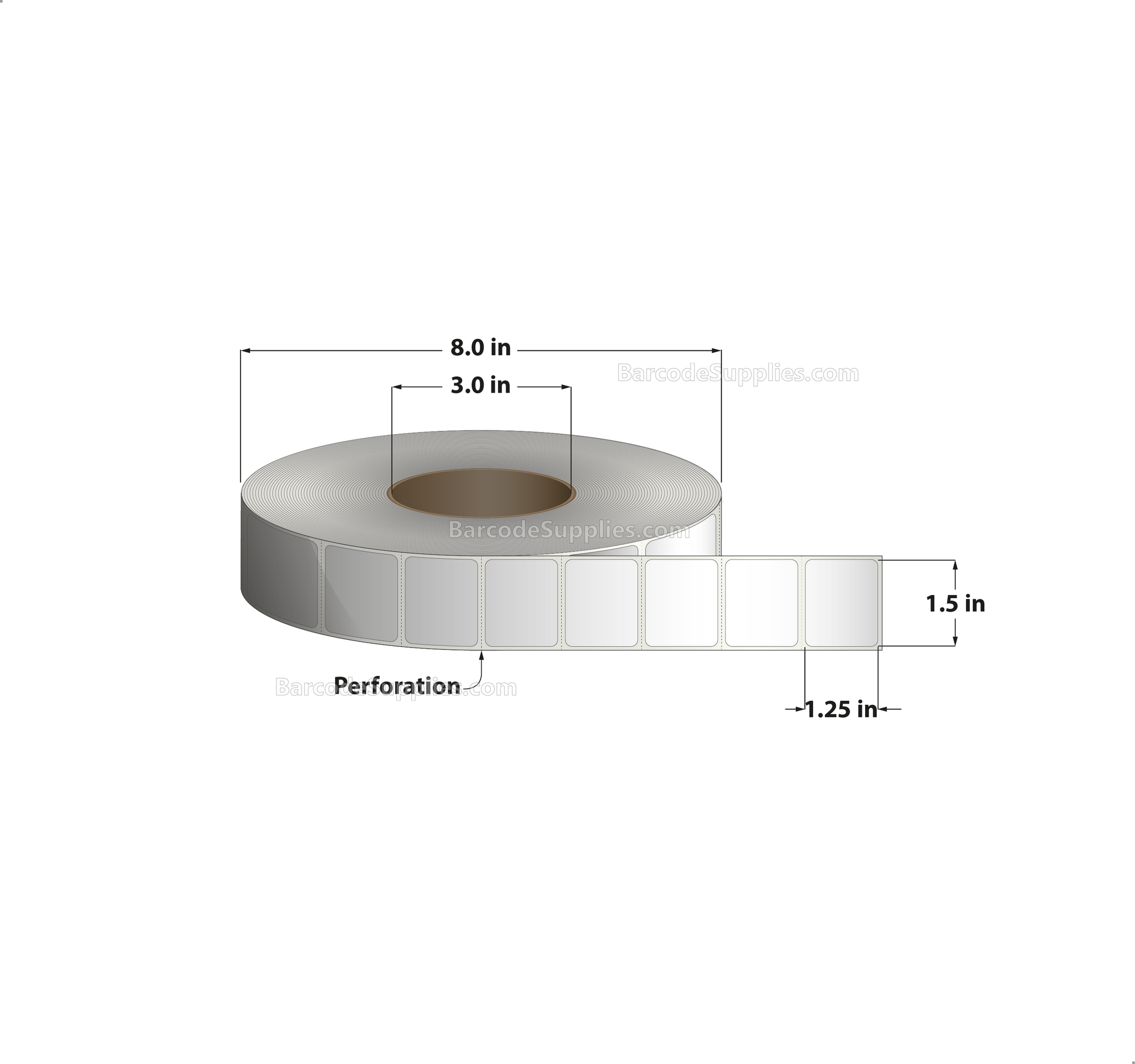 1.5 x 1.25 Thermal Transfer White Labels With Permanent Adhesive - Perforated - 4450 Labels Per Roll - Carton Of 8 Rolls - 35600 Labels Total - MPN: RT-15-125-4450-3