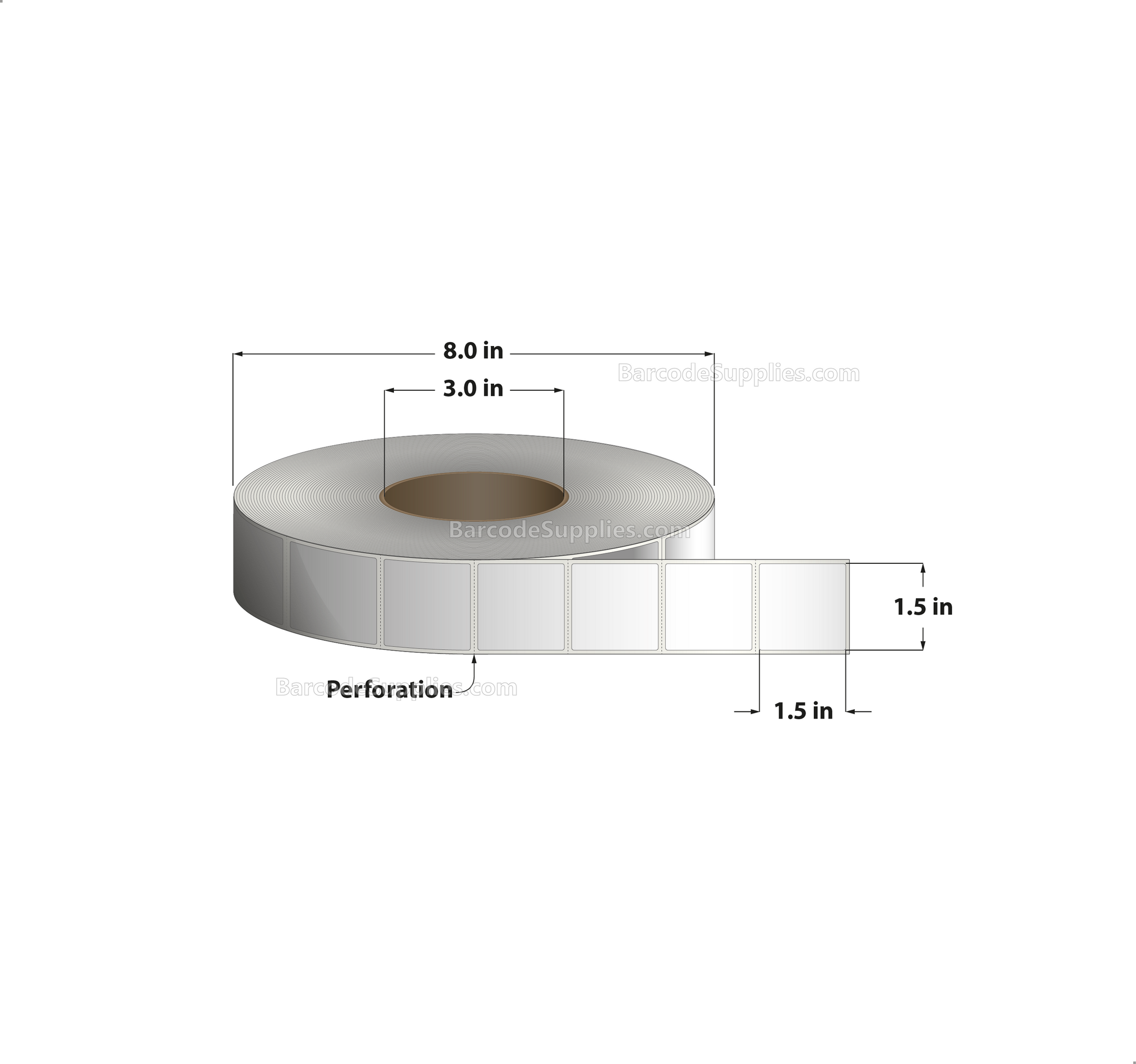 1.5 x 1.5 Direct Thermal White Labels With Acrylic Adhesive - Perforated - 3600 Labels Per Roll - Carton Of 8 Rolls - 28800 Labels Total - MPN: RD-15-15-3600-3 - BarcodeSource, Inc.