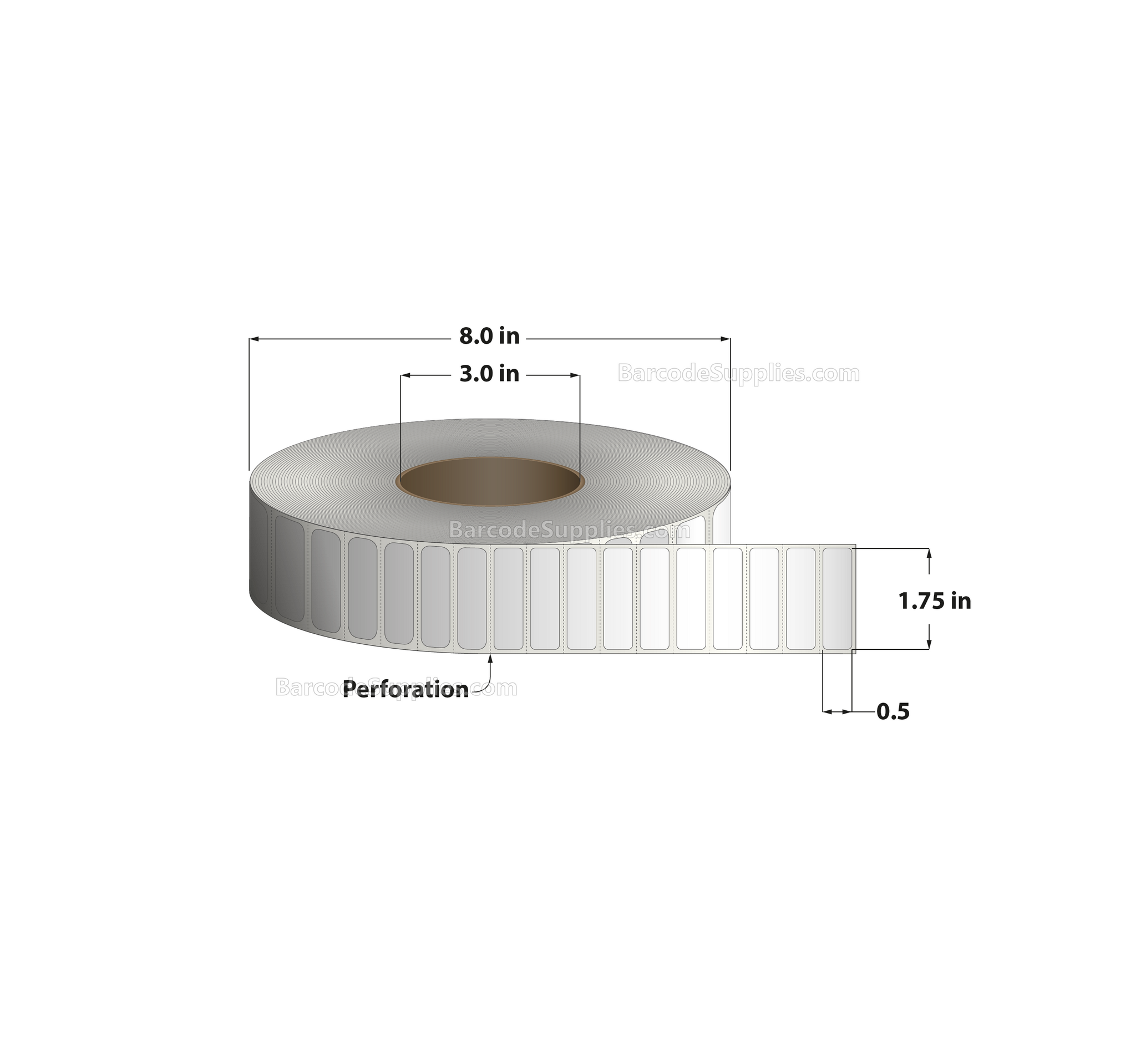 1.75 x 0.5 Thermal Transfer White Labels With Permanent Adhesive - Perforated - 10,000 Labels Per Roll - Carton Of 8 Rolls - 80000 Labels Total - MPN: RP-175-05-10000-3