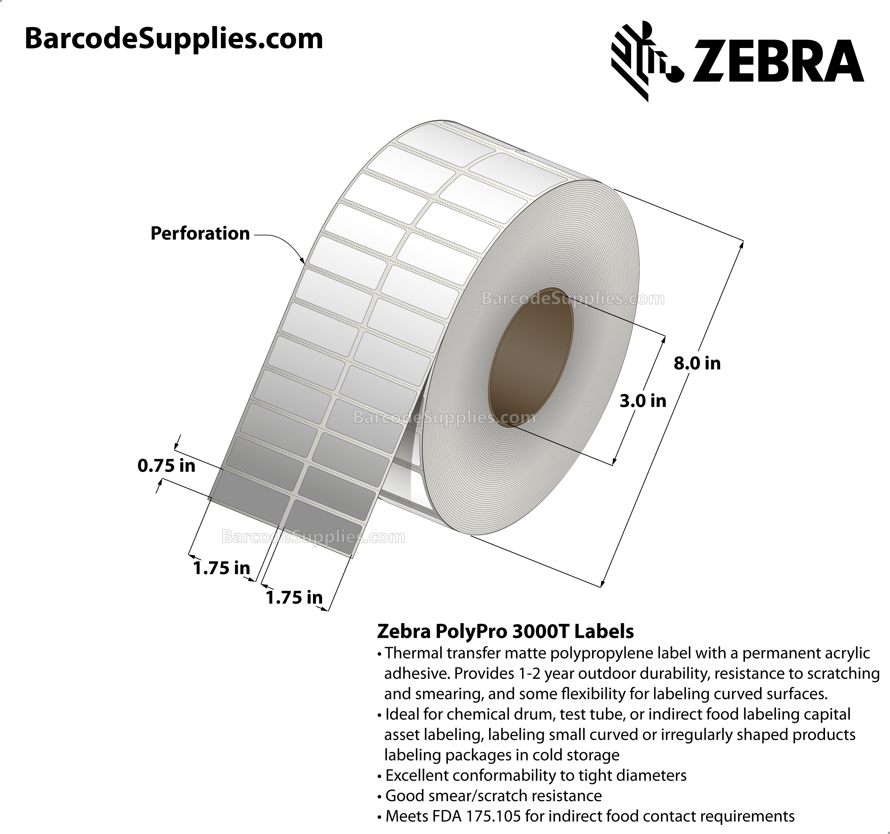 1.75 x 0.75 Thermal Transfer White PolyPro 3000T (2-Across) Labels With Permanent Adhesive - Perforated - 11888 Labels Per Roll - Carton Of 4 Rolls - 47552 Labels Total - MPN: 10011988