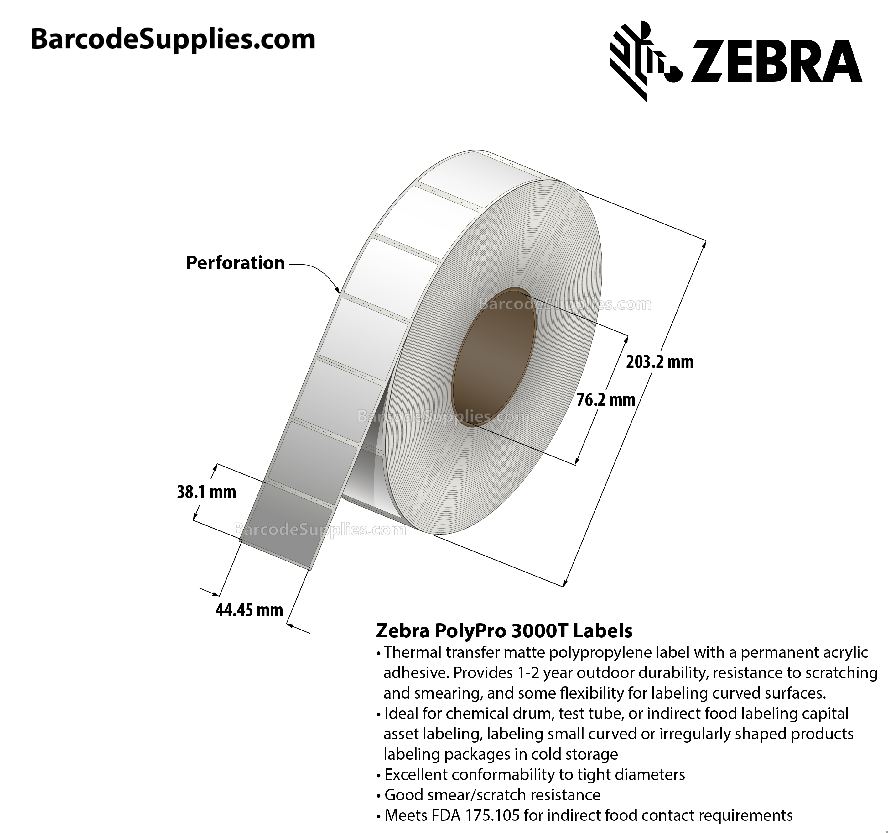1.75 x 1.5 Thermal Transfer White PolyPro 3000T Labels With Permanent Adhesive - Perforated - 2000 Labels Per Roll - Carton Of 1 Rolls - 2000 Labels Total - MPN: 10023334