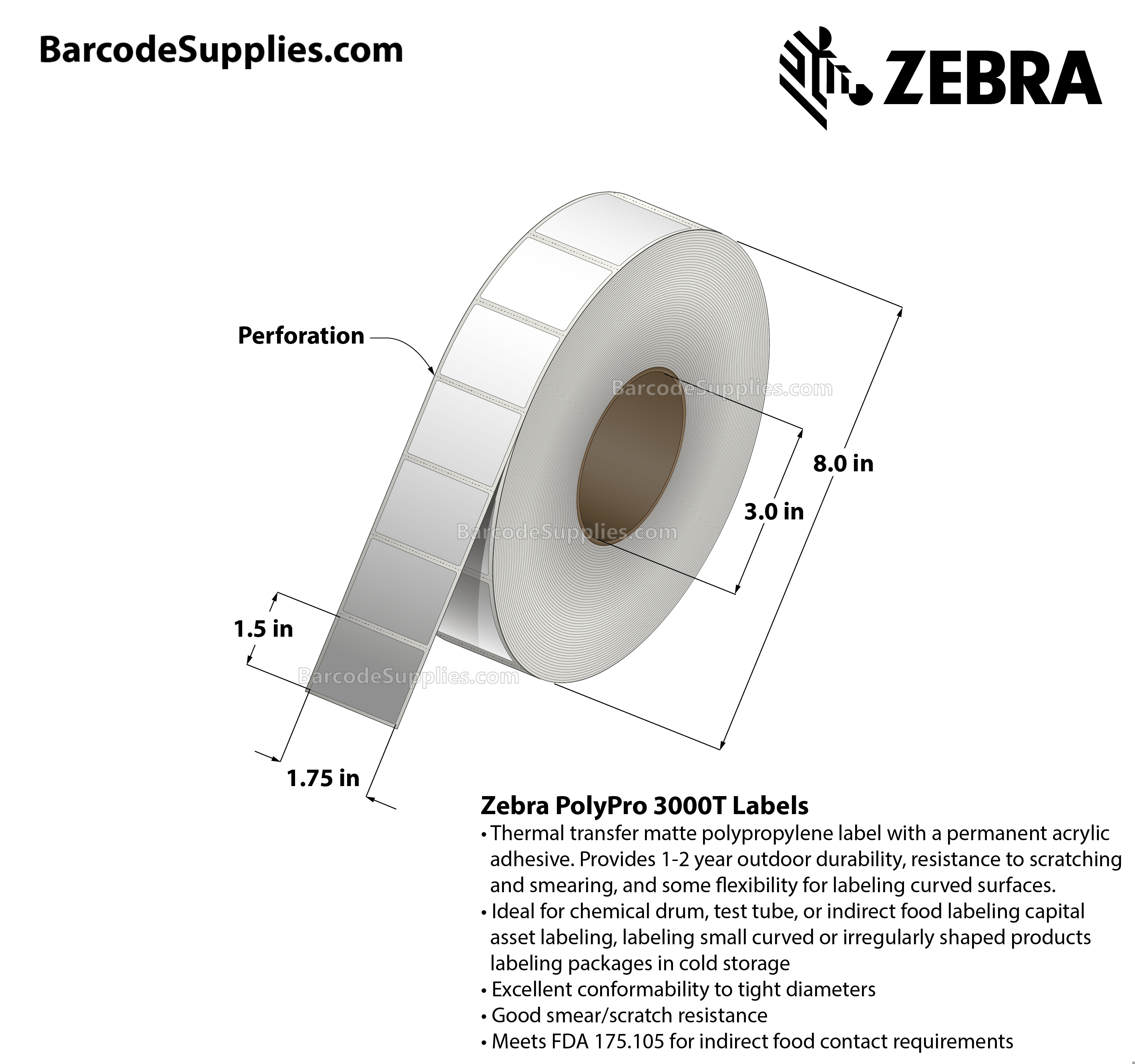 1.75 x 1.5 Thermal Transfer White PolyPro 3000T Labels With Permanent Adhesive - Perforated - 2000 Labels Per Roll - Carton Of 1 Rolls - 2000 Labels Total - MPN: 10023334