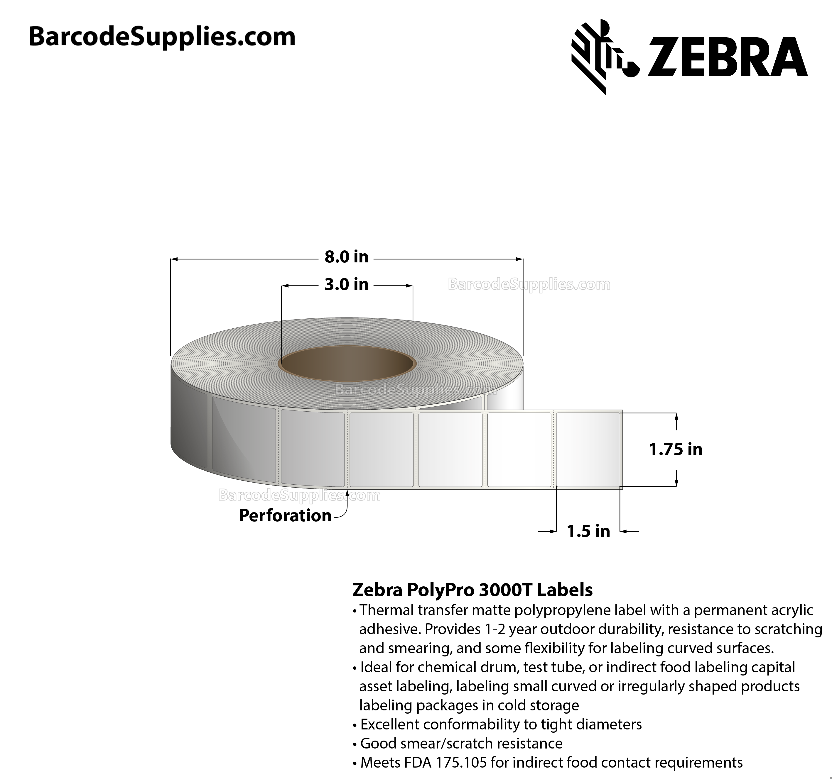 1.75 x 1.5 Thermal Transfer White PolyPro 3000T Labels With Permanent Adhesive - Perforated - 2000 Labels Per Roll - Carton Of 1 Rolls - 2000 Labels Total - MPN: 10023334