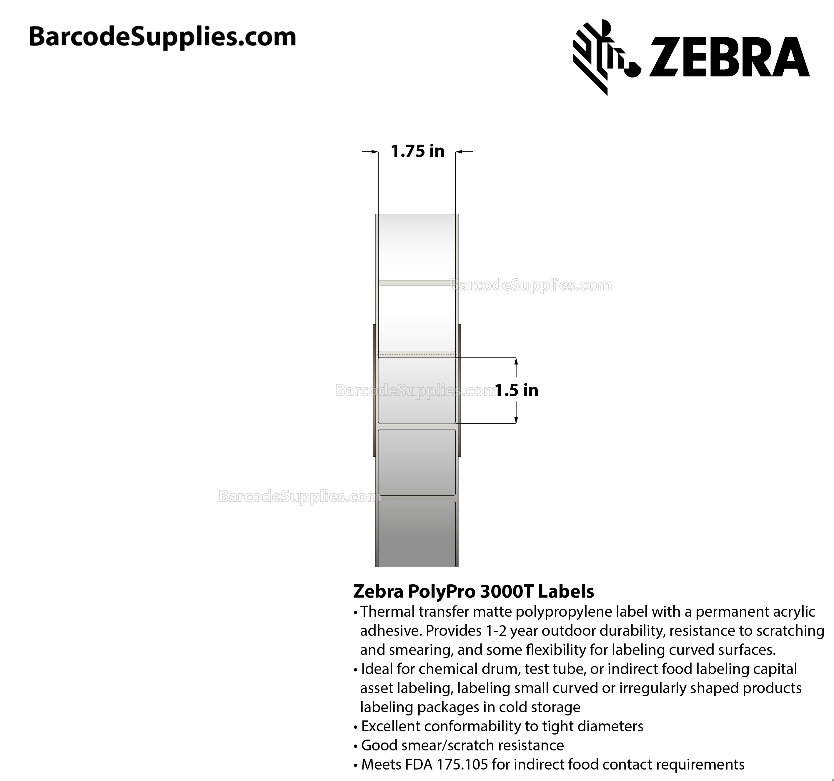 1.75 x 1.5 Thermal Transfer White PolyPro 3000T Labels With Permanent Adhesive - Perforated - 2000 Labels Per Roll - Carton Of 1 Rolls - 2000 Labels Total - MPN: 10023334