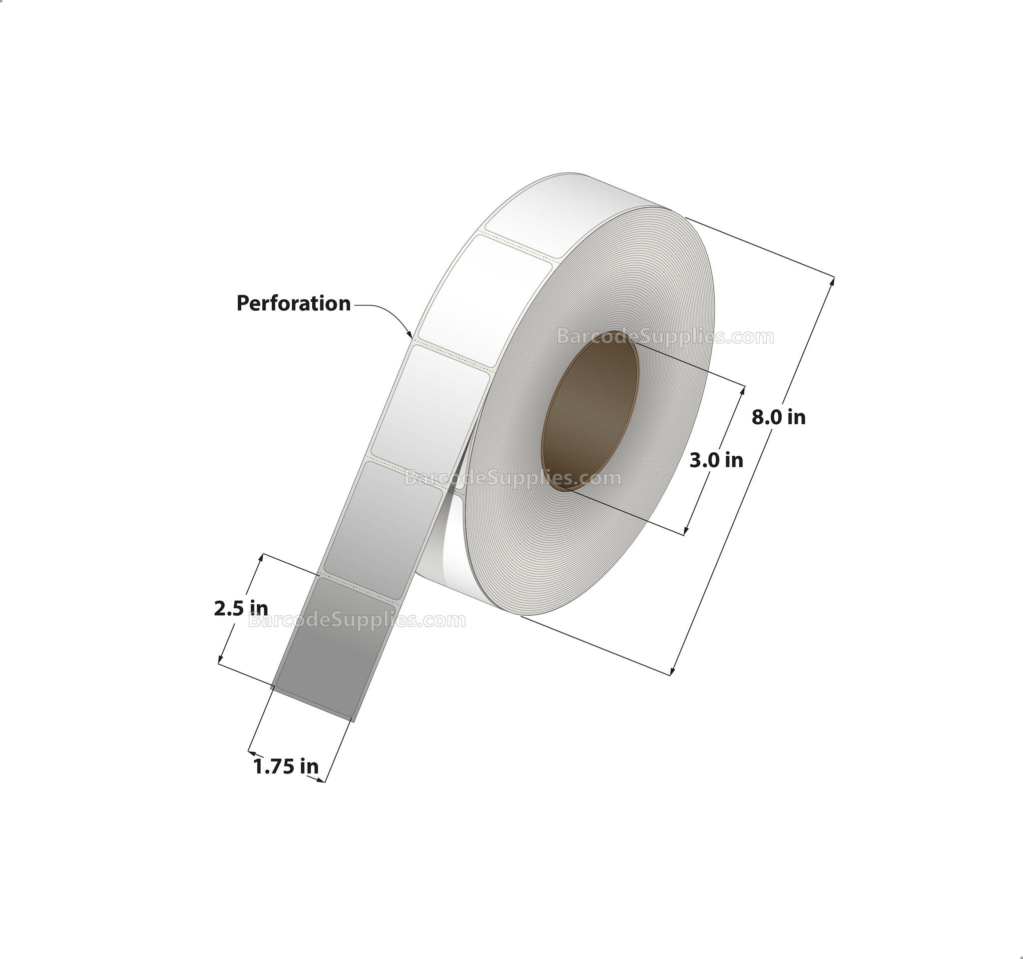 1.75 x 2.5 Thermal Transfer White Labels With Permanent Adhesive - Perforated - 2500 Labels Per Roll - Carton Of 8 Rolls - 20000 Labels Total - MPN: RT-175-25-2500-3