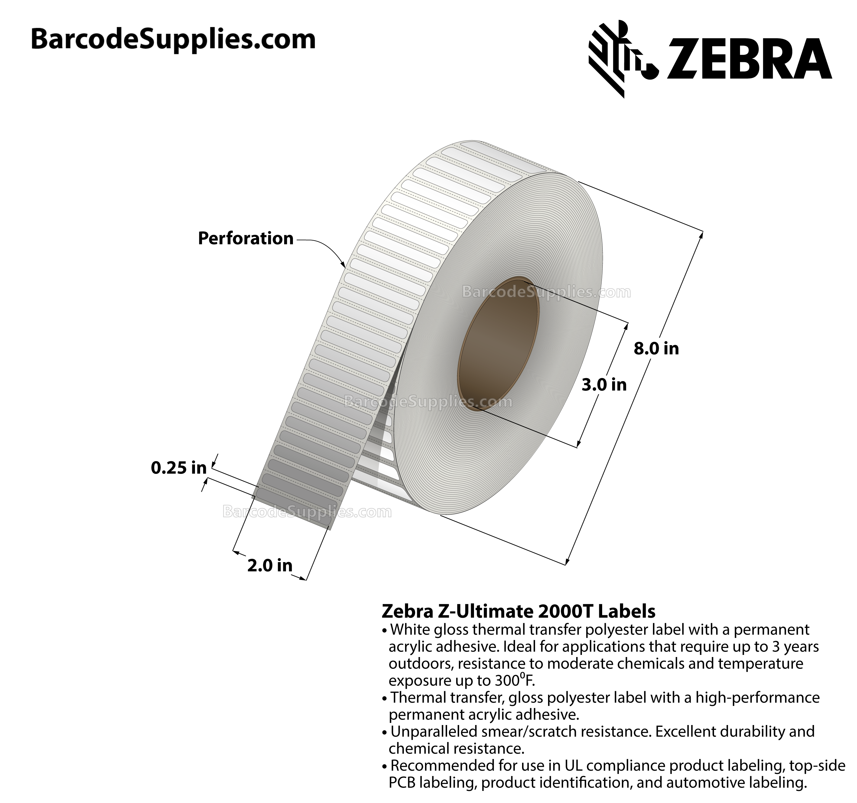 2 x 0.25 Thermal Transfer White Z-Ultimate 2000T Labels With Permanent Adhesive - Perforated - 16456 Labels Per Roll - Carton Of 4 Rolls - 65824 Labels Total - MPN: 10011983