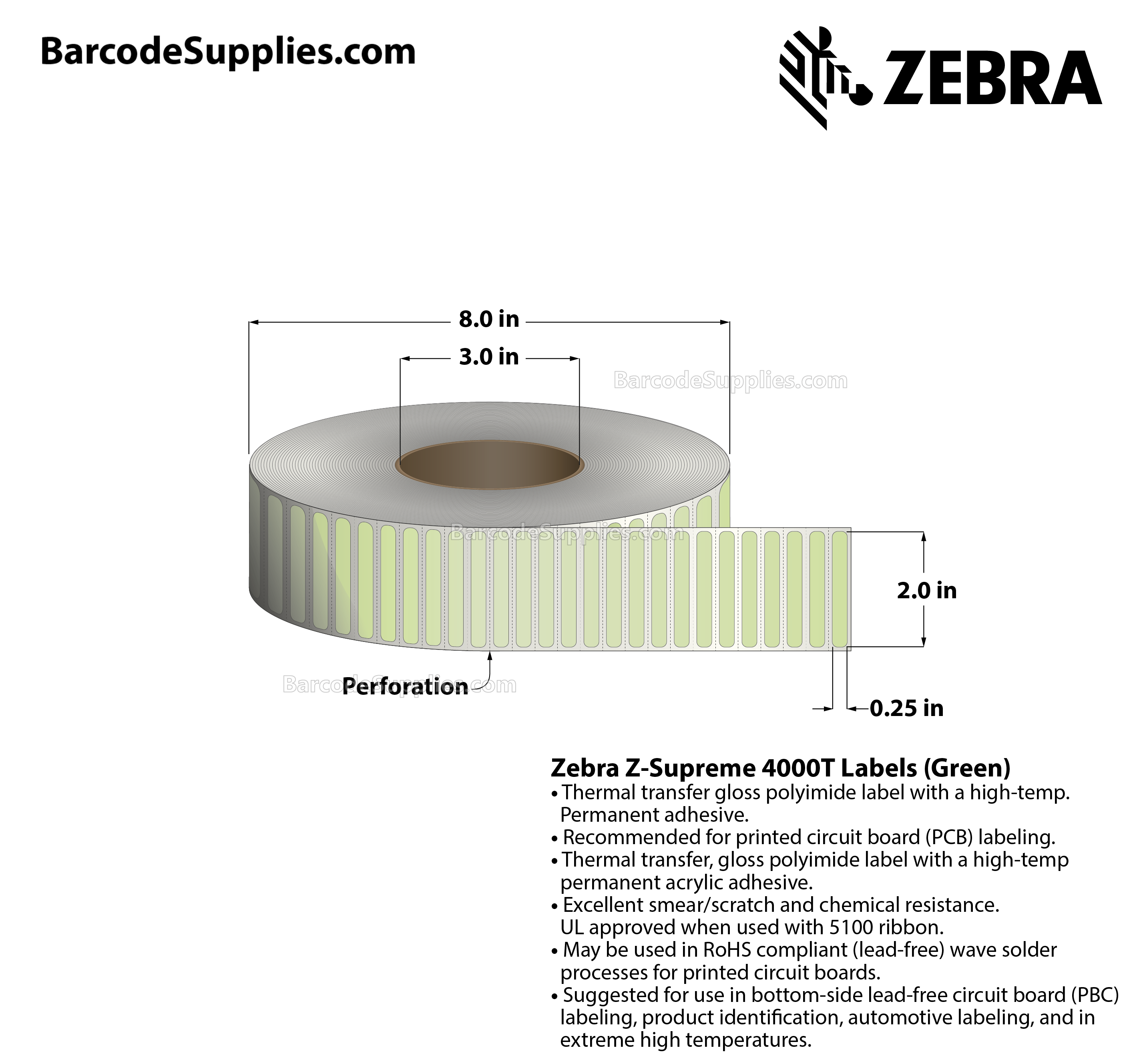 2 x 0.25 Thermal Transfer Green Z-Supreme 4000T Green Labels With High-temp Adhesive - Perforated - 10000 Labels Per Roll - Carton Of 1 Rolls - 10000 Labels Total - MPN: 10023322
