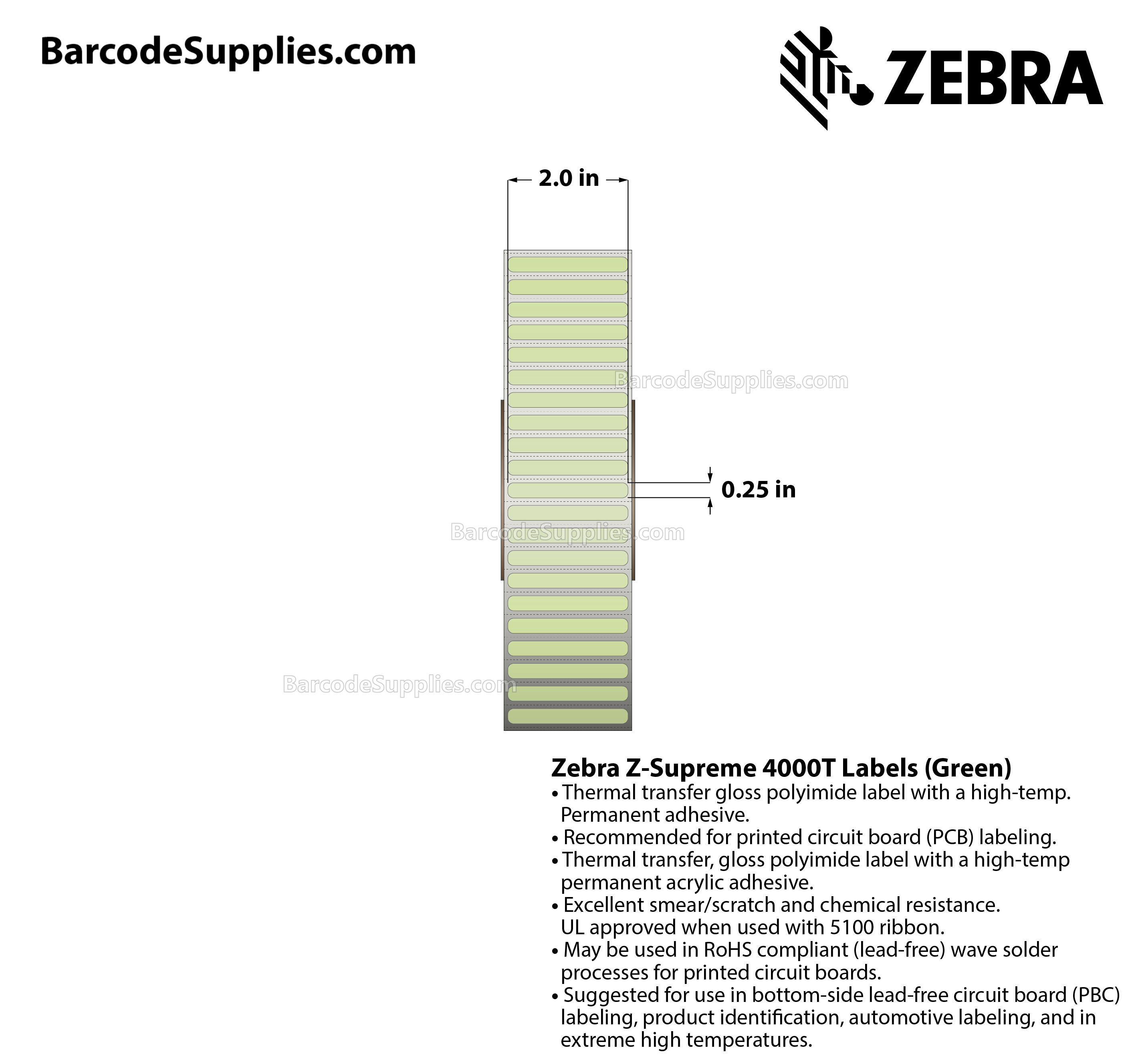 2 x 0.25 Thermal Transfer Green Z-Supreme 4000T Green Labels With High-temp Adhesive - Perforated - 10000 Labels Per Roll - Carton Of 1 Rolls - 10000 Labels Total - MPN: 10023322