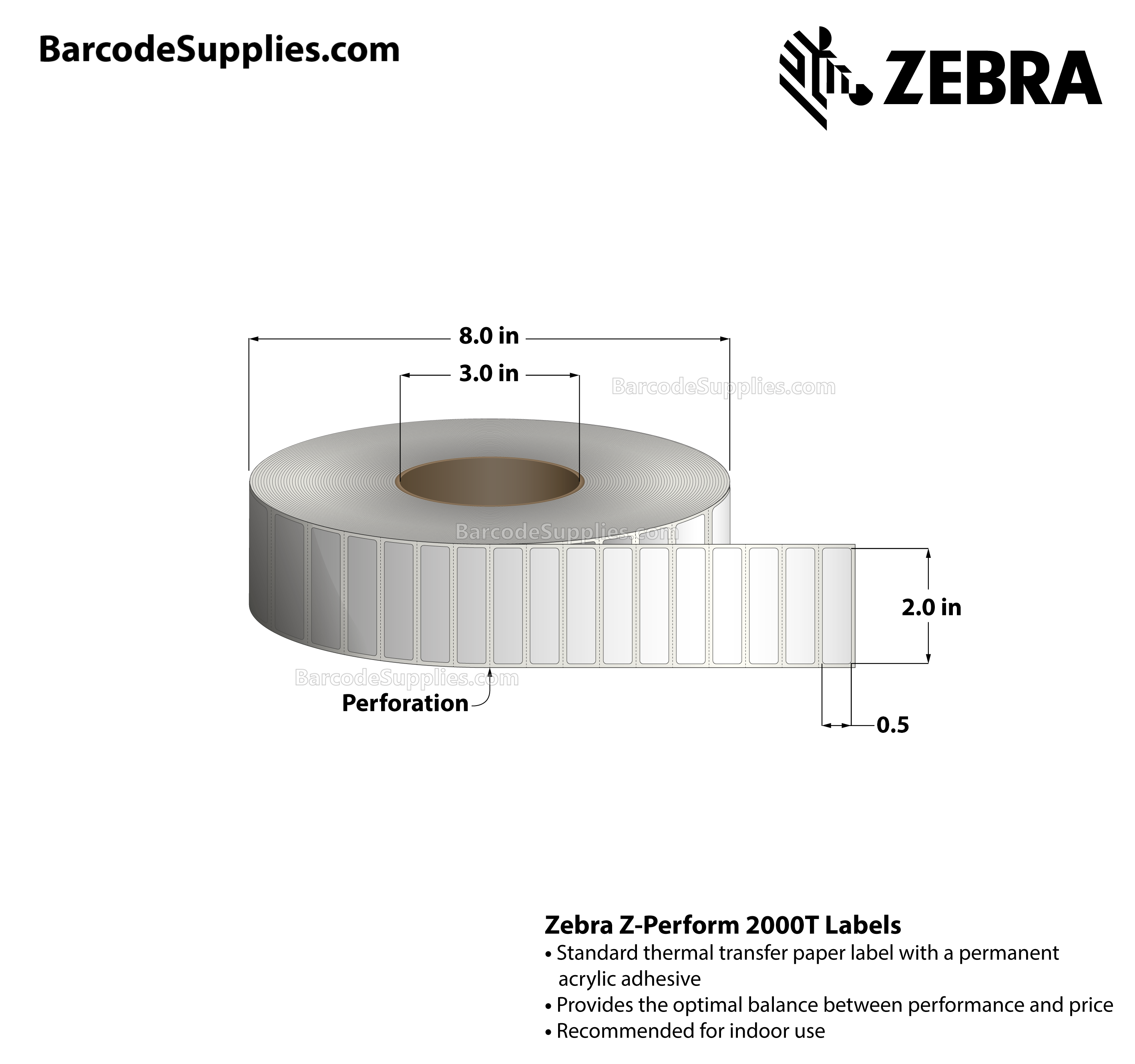 2 x 0.5 Thermal Transfer White Z-Perform 2000T Labels With Permanent Adhesive - Perforated - 3000 Labels Per Roll - Carton Of 4 Rolls - 12000 Labels Total - MPN: 10022942