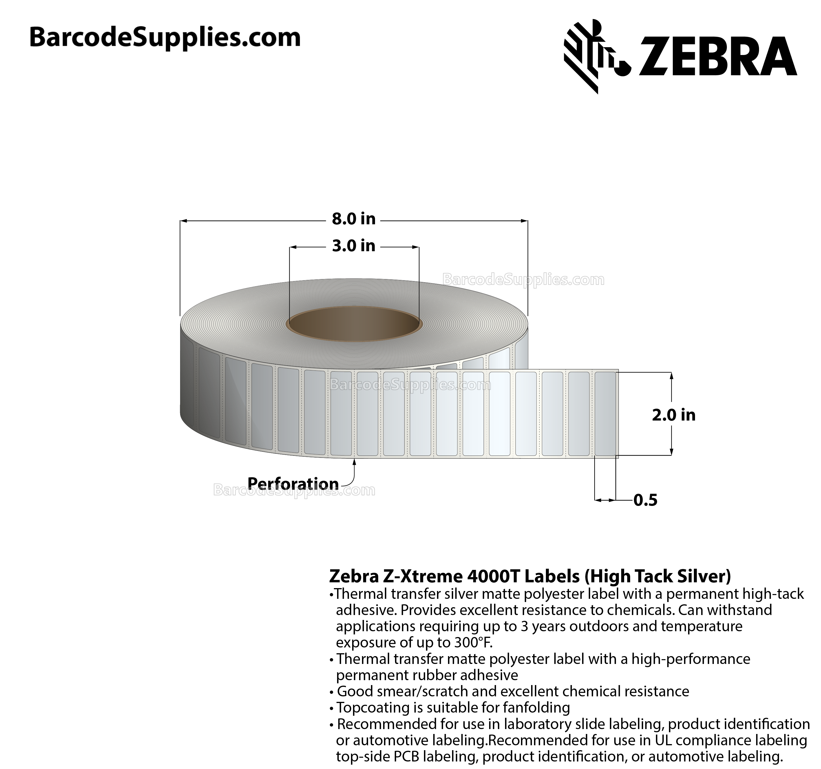 2 x 0.5 Thermal Transfer Silver Z-Xtreme 4000T High-Tack Silver Labels With High-tack Adhesive - Perforated - 3000 Labels Per Roll - Carton Of 1 Rolls - 3000 Labels Total - MPN: 10023173