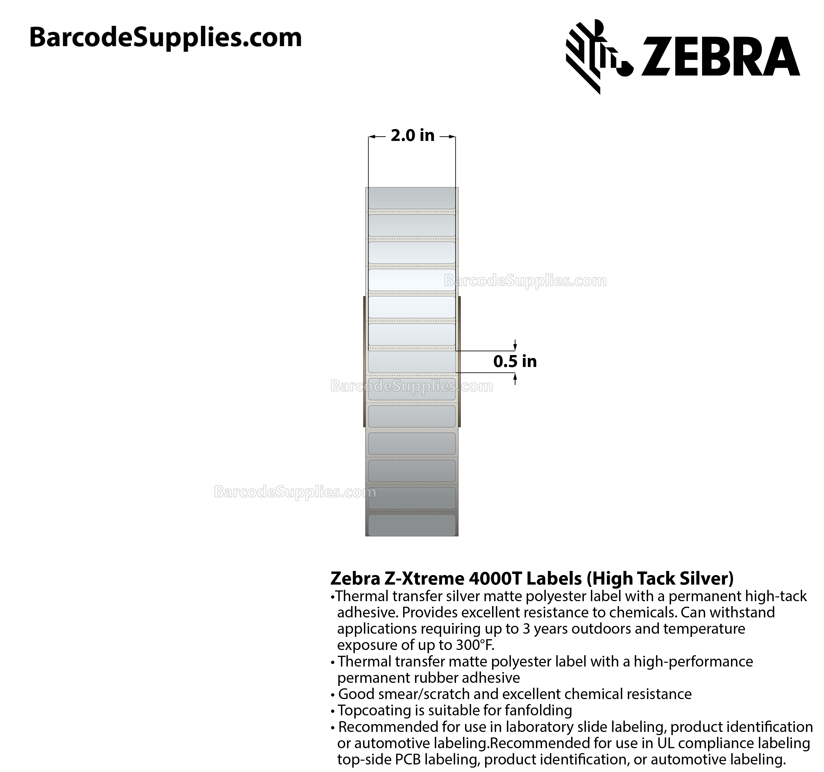 2 x 0.5 Thermal Transfer Silver Z-Xtreme 4000T High-Tack Silver Labels With High-tack Adhesive - Perforated - 3000 Labels Per Roll - Carton Of 1 Rolls - 3000 Labels Total - MPN: 10023173