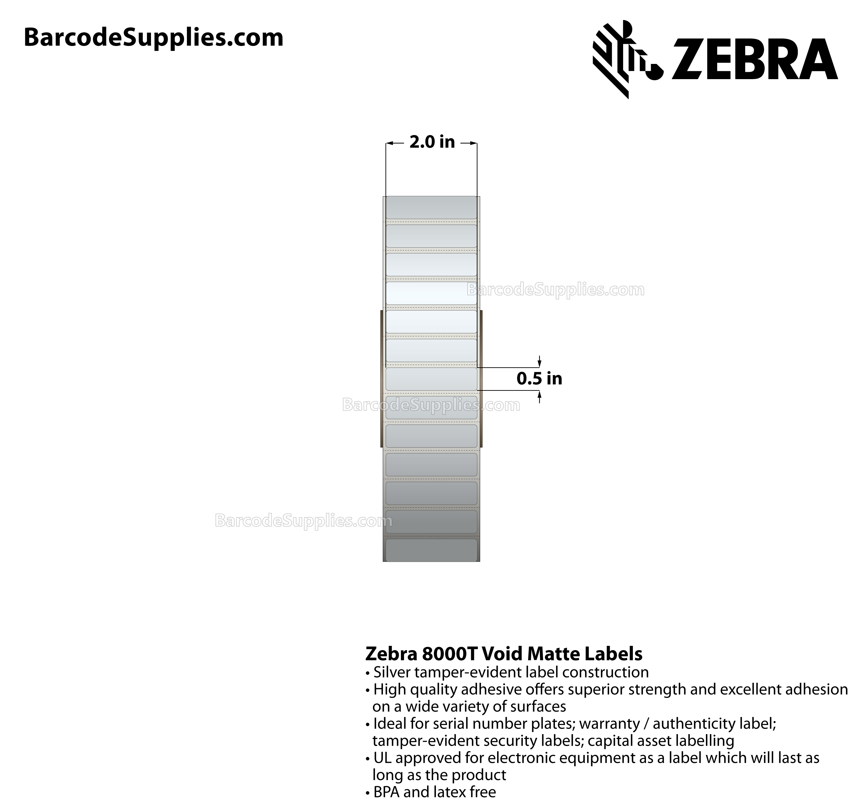 2 x 0.5 Thermal Transfer Silver 8000T Void Matte Silver Labels With Tamper-evident Adhesive - Perforated - 3000 Labels Per Roll - Carton Of 1 Rolls - 3000 Labels Total - MPN: 10022920