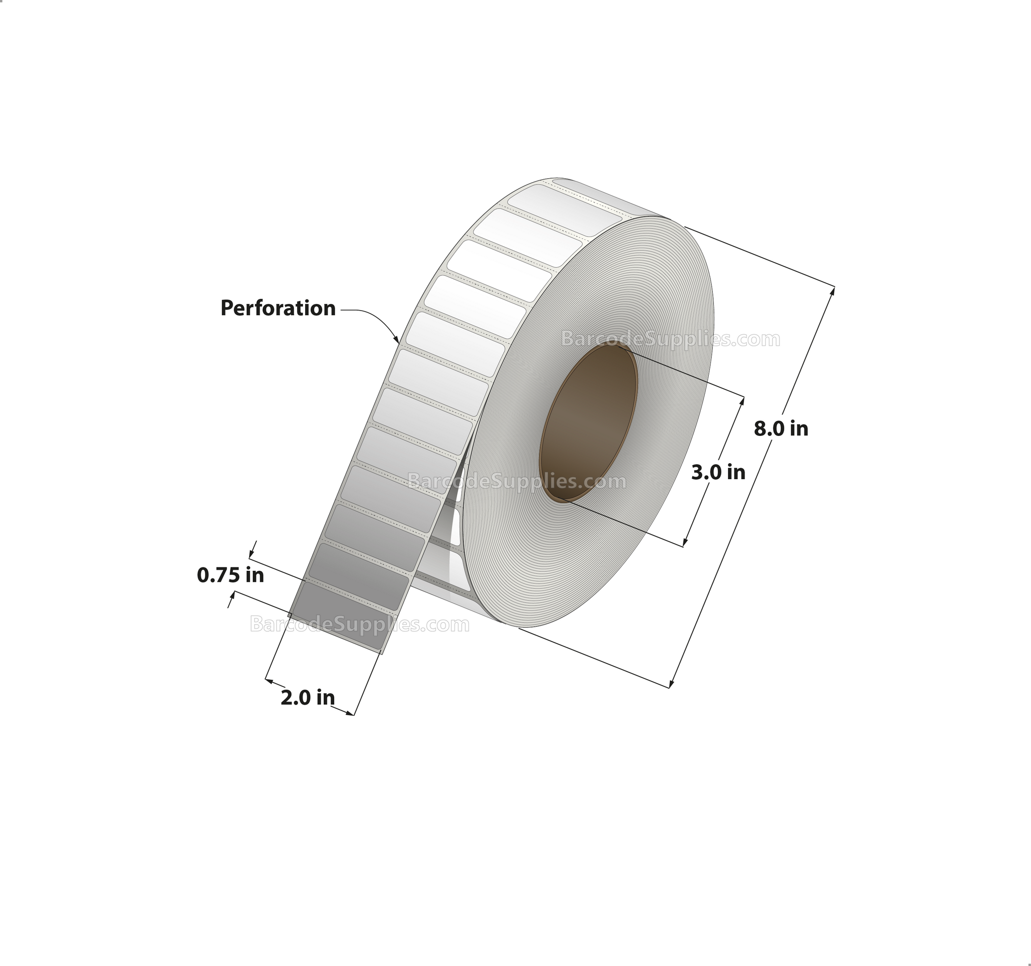 2 x 0.75 Thermal Transfer White Labels With Permanent Adhesive - Perforated - 7500 Labels Per Roll - Carton Of 8 Rolls - 60000 Labels Total - MPN: RT-2-075-7500-3