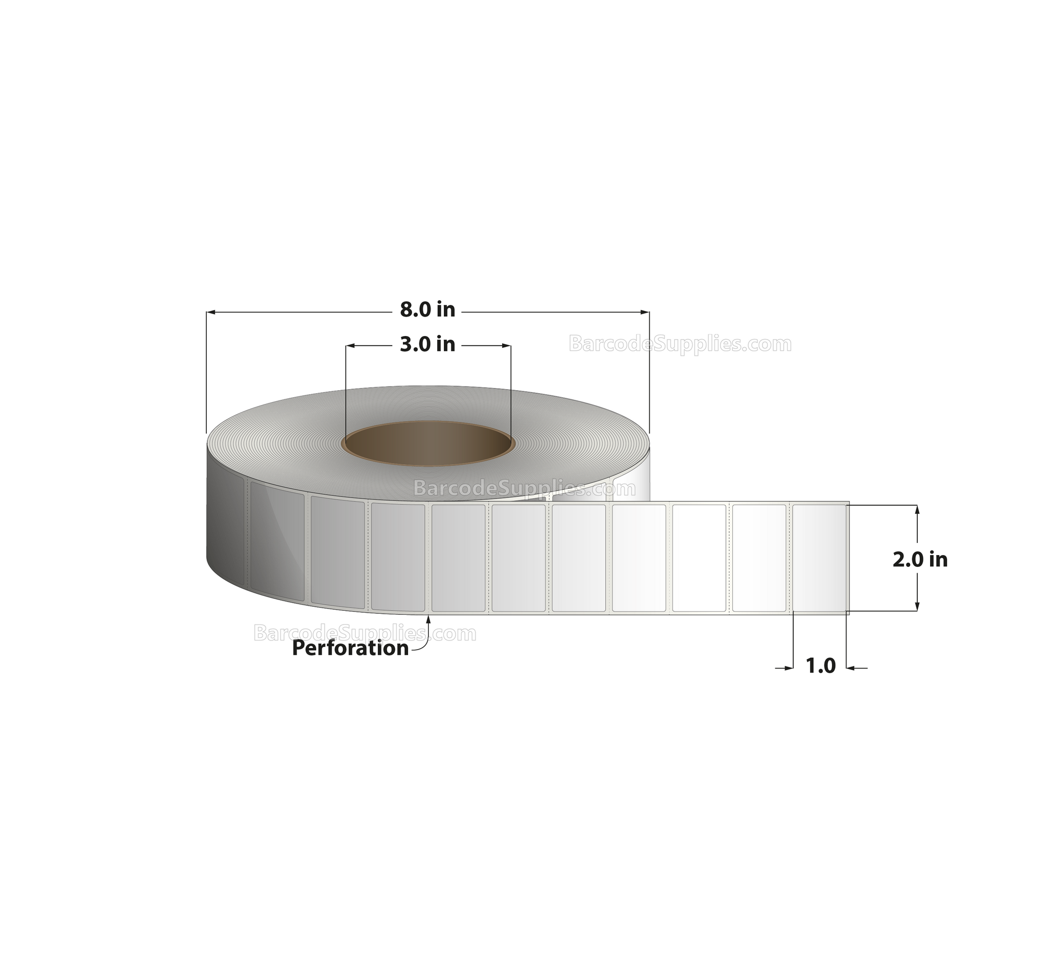 2 x 1 Direct Thermal White Labels With Permanent Acrylic Adhesive - Perforated - 5500 Labels Per Roll - Carton Of 8 Rolls - 44000 Labels Total - MPN: DT21-1P