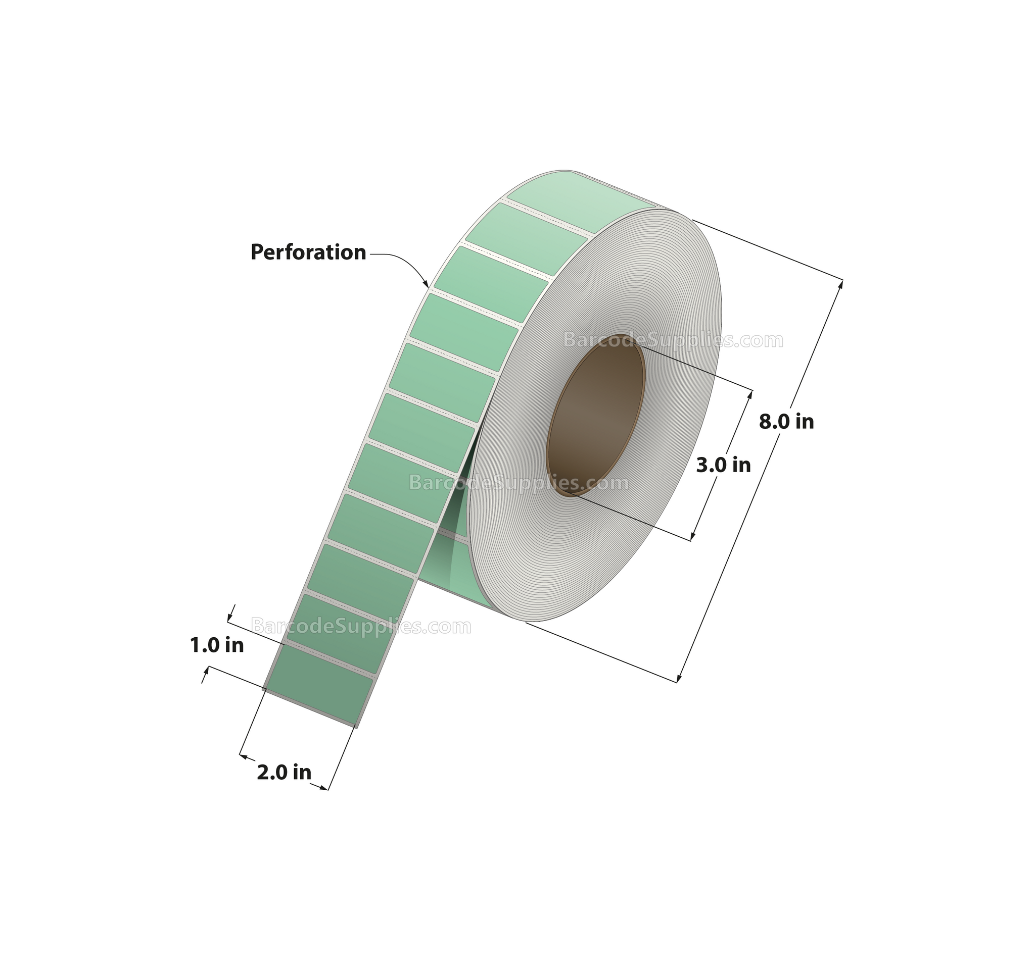 2 x 1 Thermal Transfer 345 Green Labels With Permanent Adhesive - Perforated - 5500 Labels Per Roll - Carton Of 8 Rolls - 44000 Labels Total - MPN: RFC-2-1-5500-GR