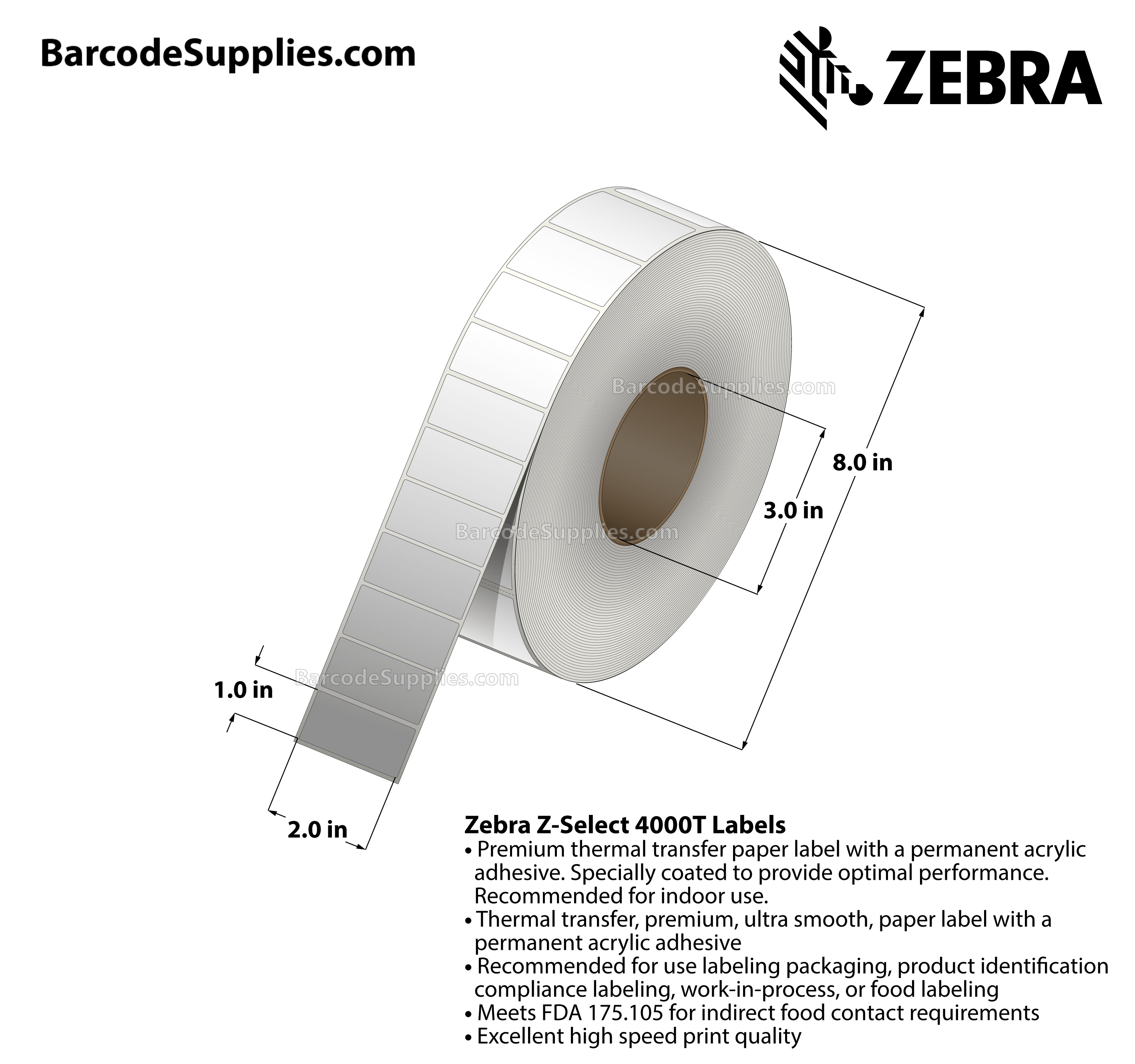 2 x 1 Thermal Transfer White Z-Select 4000T Labels With Permanent Adhesive - Not Perforated - 5180 Labels Per Roll - Carton Of 10 Rolls - 51800 Labels Total - MPN: 72281